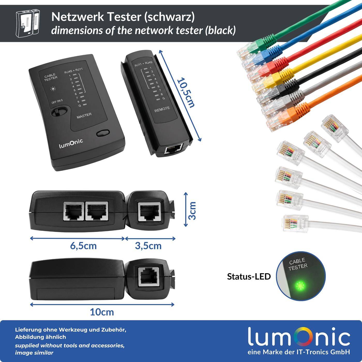 Lumonic Network Tester with Remote Unit for RJ45 and RJ11, Black - Master and Remote Units for Ethernet Cables, RJ45 and RJ11, Continuity Tester, LAN Tester, Network Cable Tester