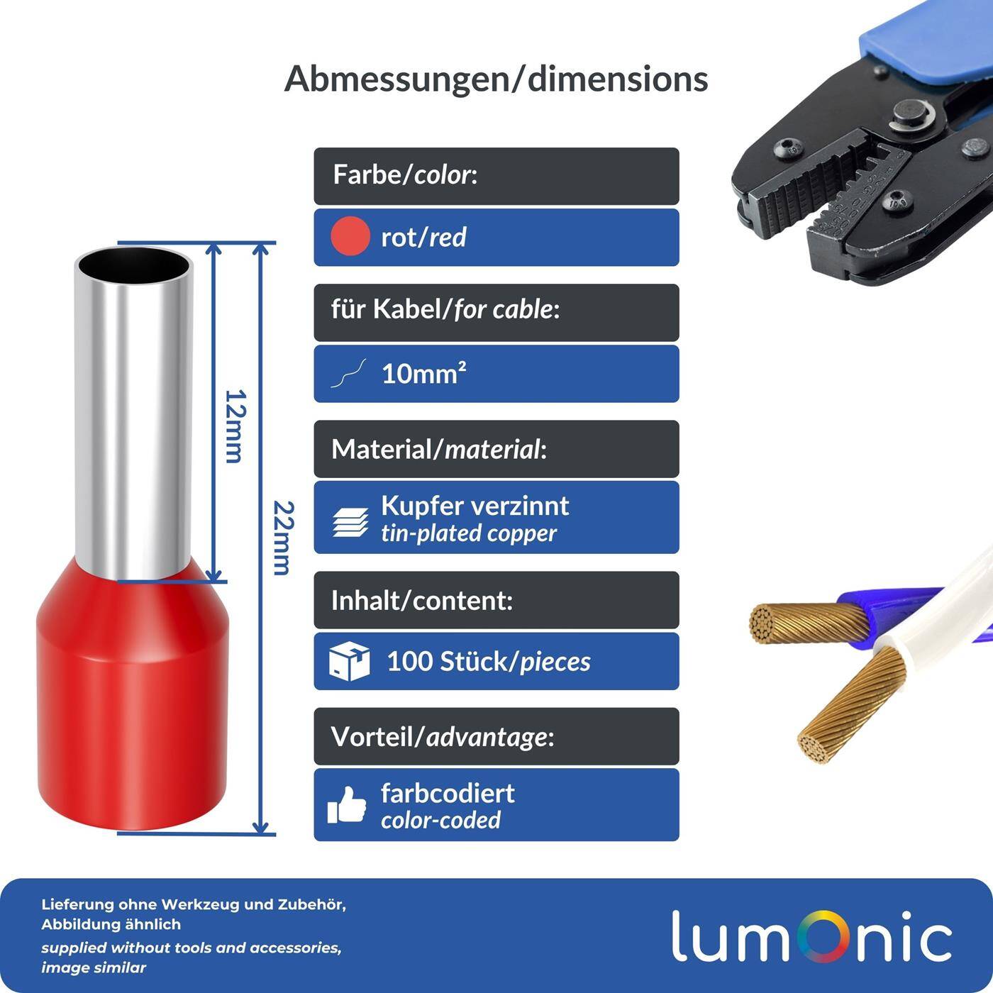 100x Aderendhülse isoliert 10mm² Rot Kupfer verzinnt 4,5x12mm Hülse