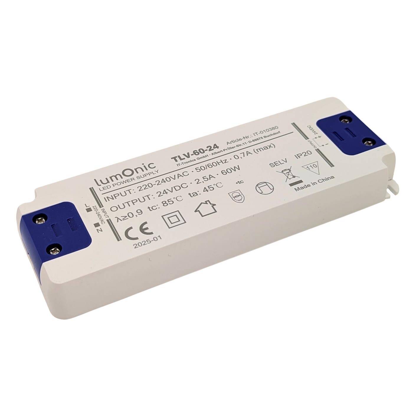 Lumonic I LED transformer TLV-60-24 I 24V 60W I Input 220-240VAC I flicker-free I Overload protection I LED power supply unit I for LED lighting