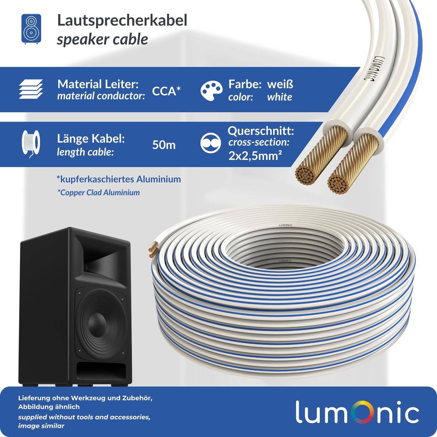Lumonic Lautsprecherkabel | 50m Weiß | 2x 2,5mm² CCA | blaue Markierung HiFi Boxenkabel | Audio Zwillingsleitung