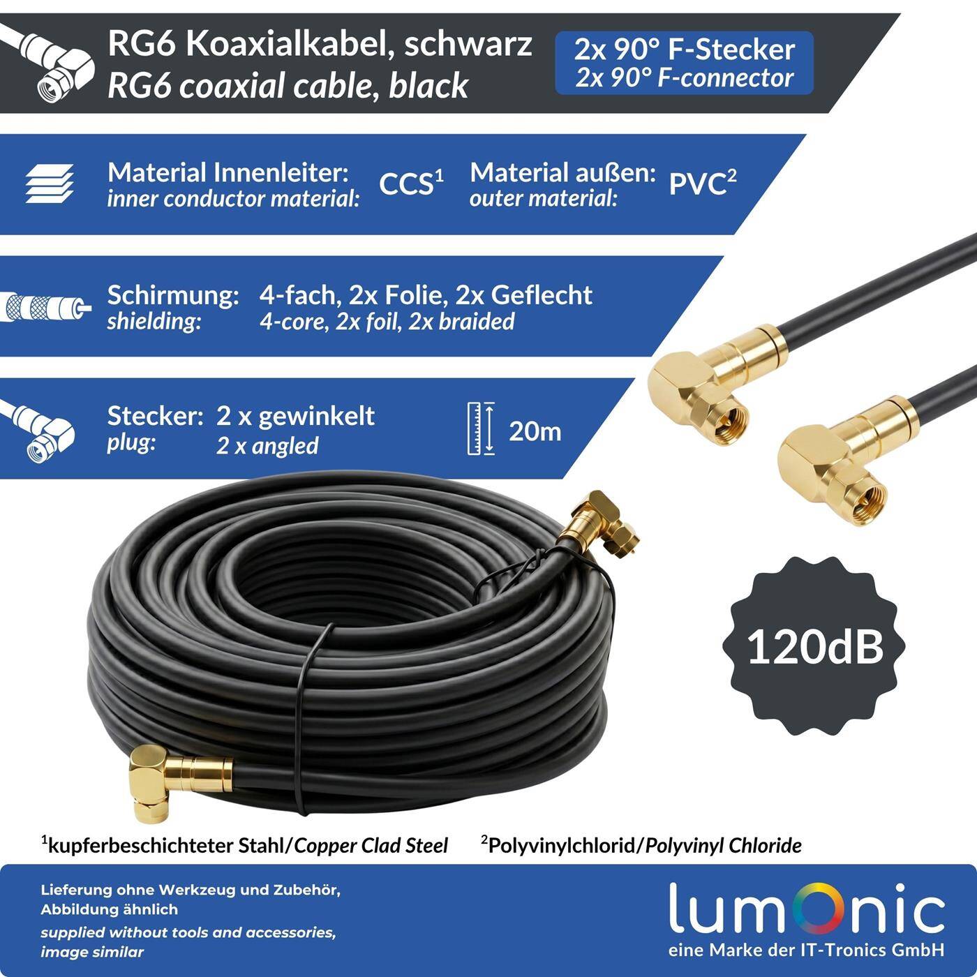 Lumonic 20m Antenna cable RG6 | 2x gold-plated F plugs angled at 90° | black | 4-fold shielded 120dB | ready-made | Coaxial cable, satellite cable, DVB-T2, cable internet