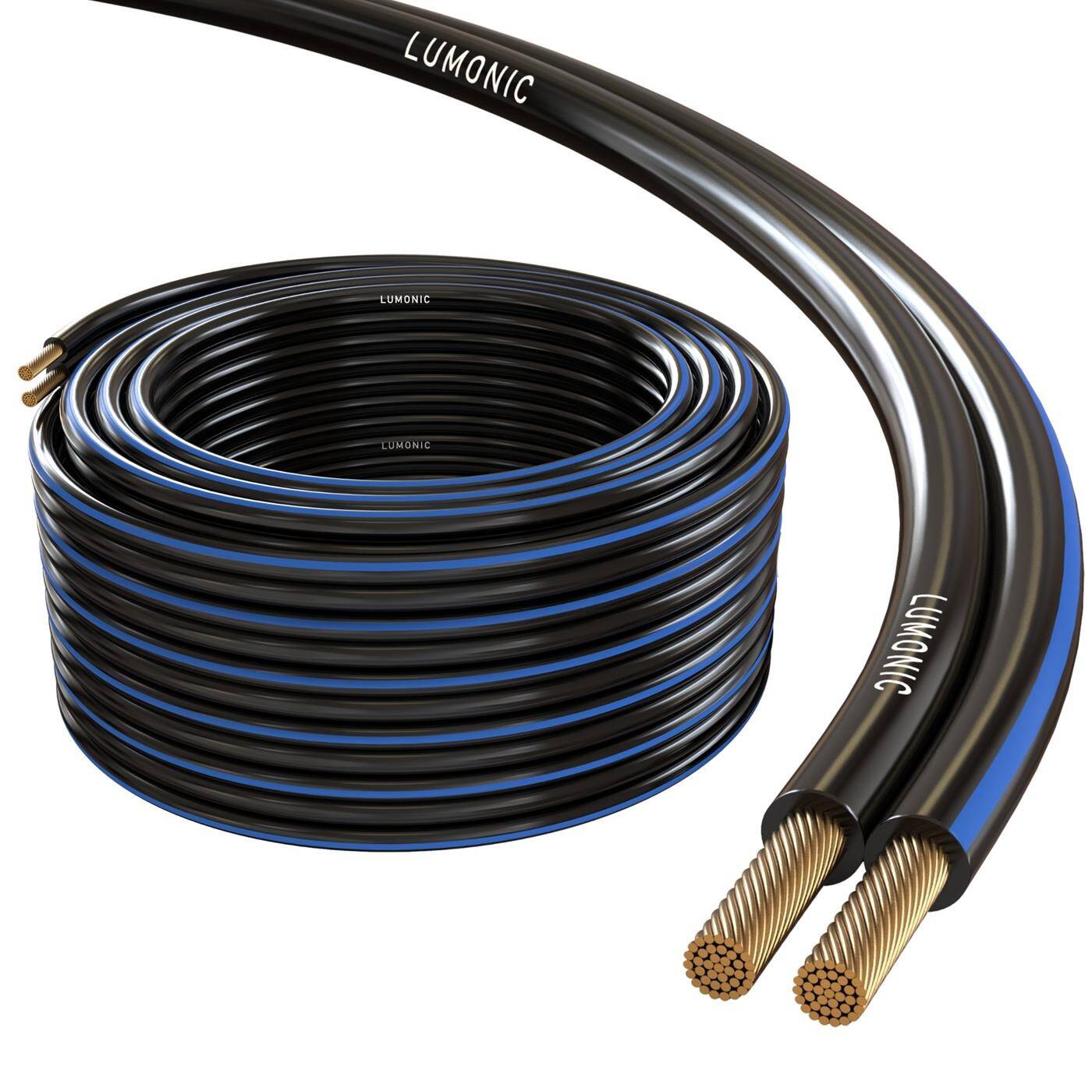 Lumonic Speaker cables | 25m Black | 2x 4mm² CCA | Blue marking HiFi speaker cable | Audio twin line