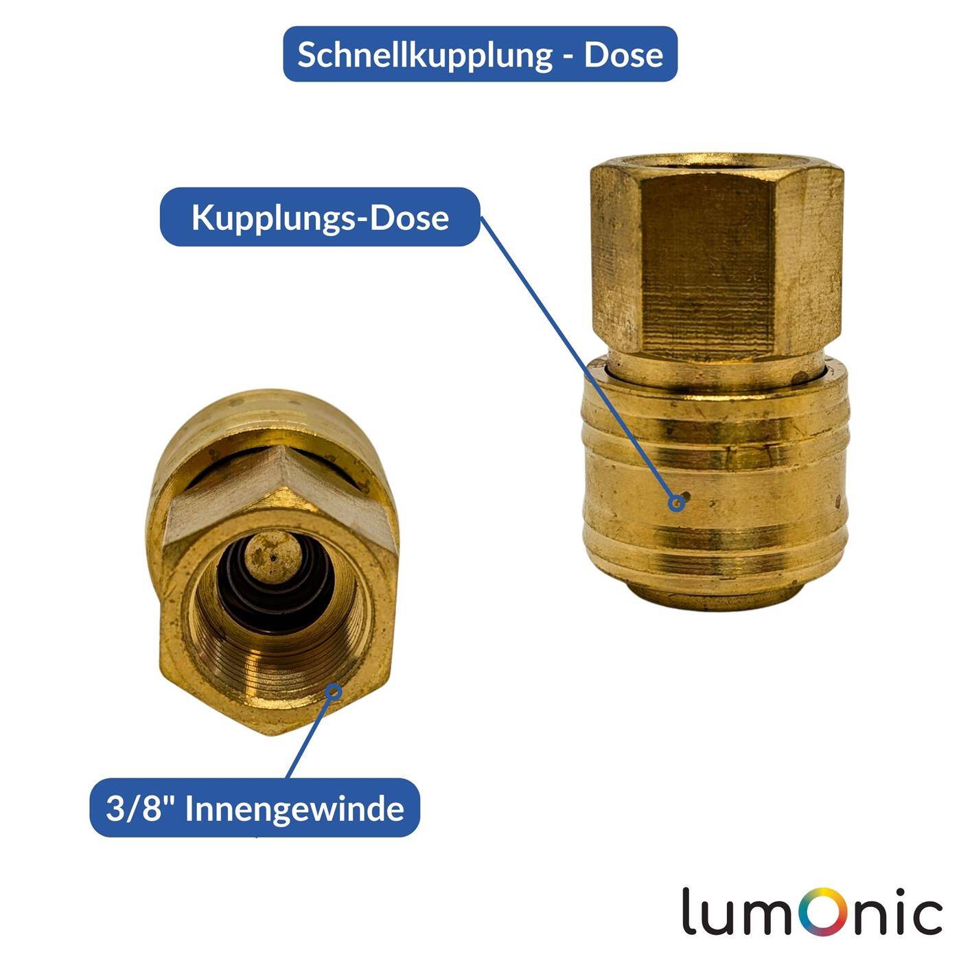 Lumonic I Kupplungsdose mit Innengewinde I 3/8" I aus Messing I Druckluftkupplung-Buchse I Schnellkupplung I für Werkstätten, Betriebe und Heimwerker