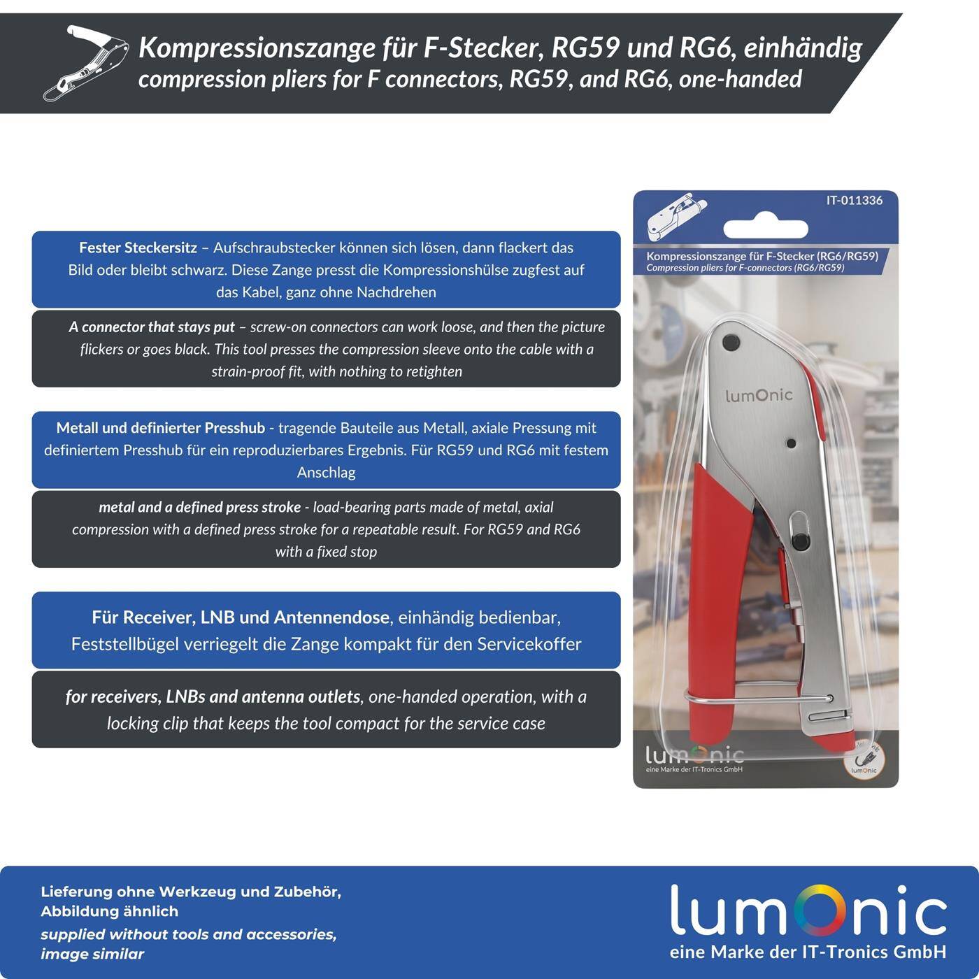 Lumonic Compression pliers for F connectors, RG59, and RG6, one-handed use—locking lever, for RG59 and RG6, axial compression, metal, coaxial connectors for satellite systems and antenna jacks