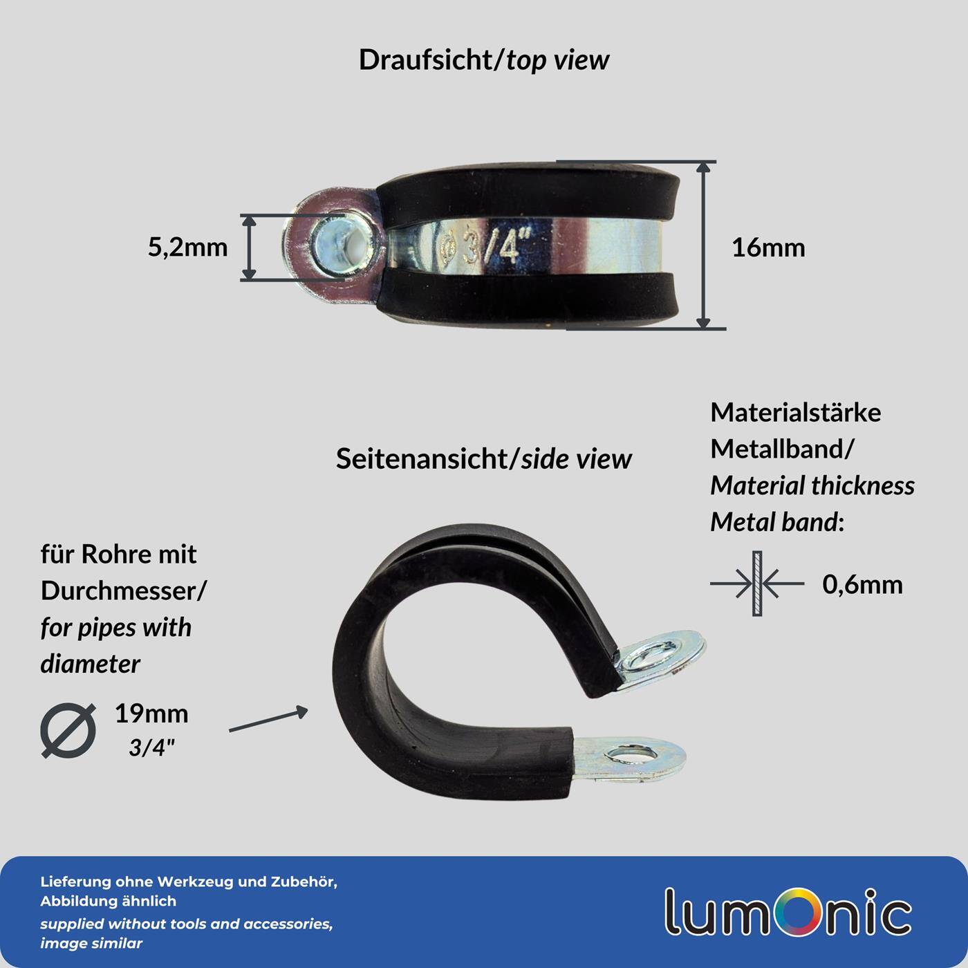 Lumonic 10x 19mm Rohrschellen mit Gummieinlage I Kabelschellen zum Schrauben I Schlauchschelle 19mm, Rohrschellen, Befestigungsschelle 19mm, Rohrhalterung