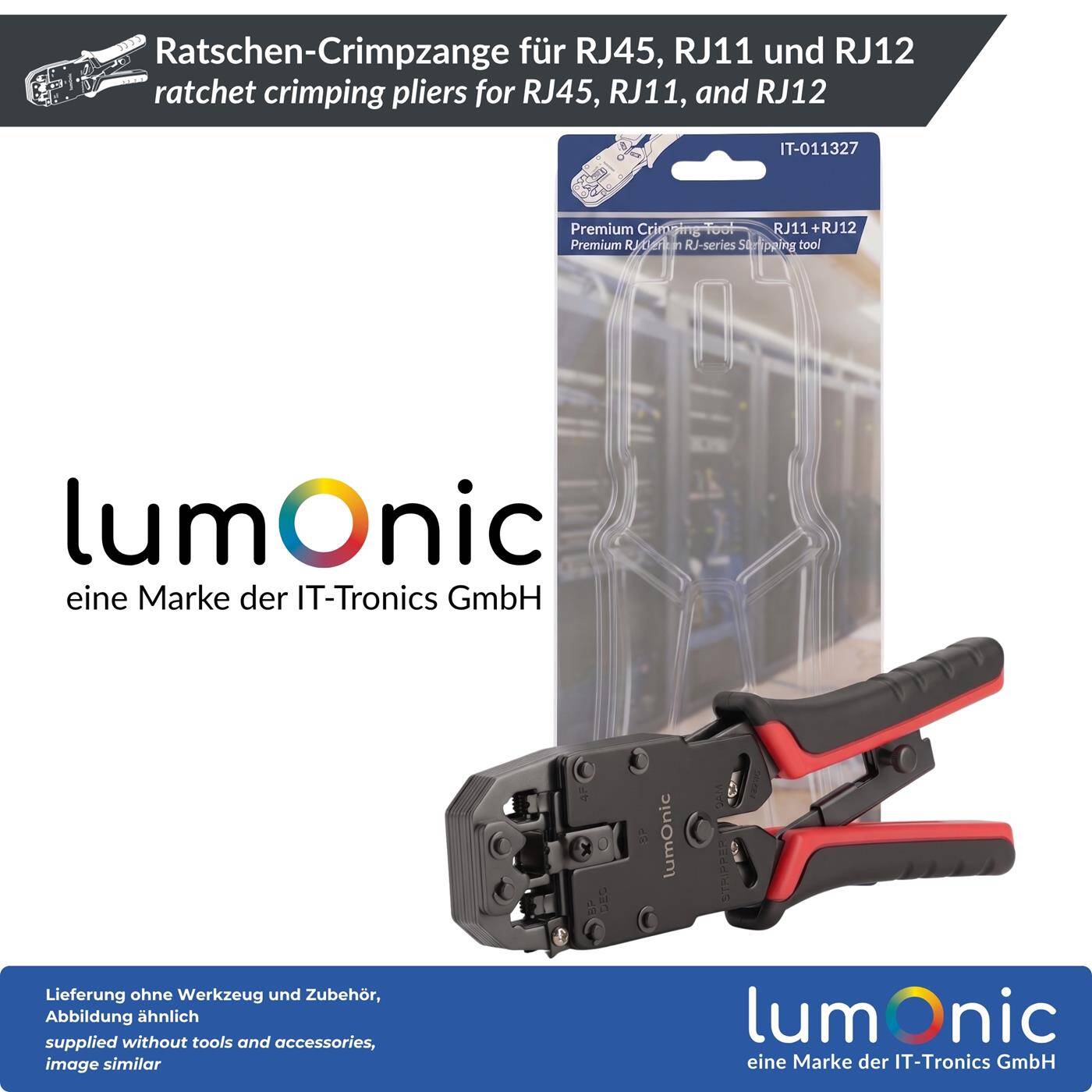 Lumonic Ratchet Crimping Pliers for RJ45, RJ11, and RJ12 - Ratchet mechanism, metal body, RJ45, RJ11, and RJ12, for all CAT classes, network and telephone