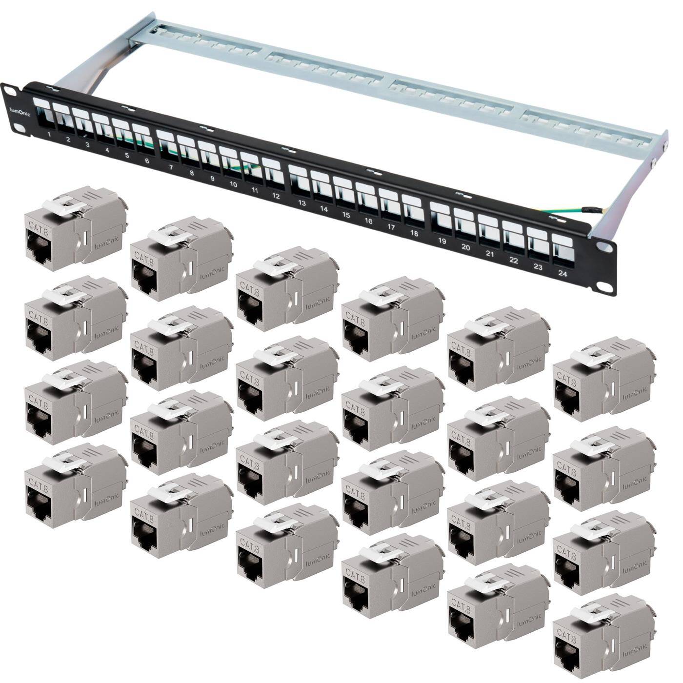 19" Patchpanel CAT8.1 Keystone-Set, 24 Port, 1HE mit Beschriftungsfeld, inkl. 24x CAT8.1 Module werkzeugfrei, 40 Gbit/s, Rackmontage, schwarzes Patchfeld, Kabelmanagement, 40 Gbit/s & PoE