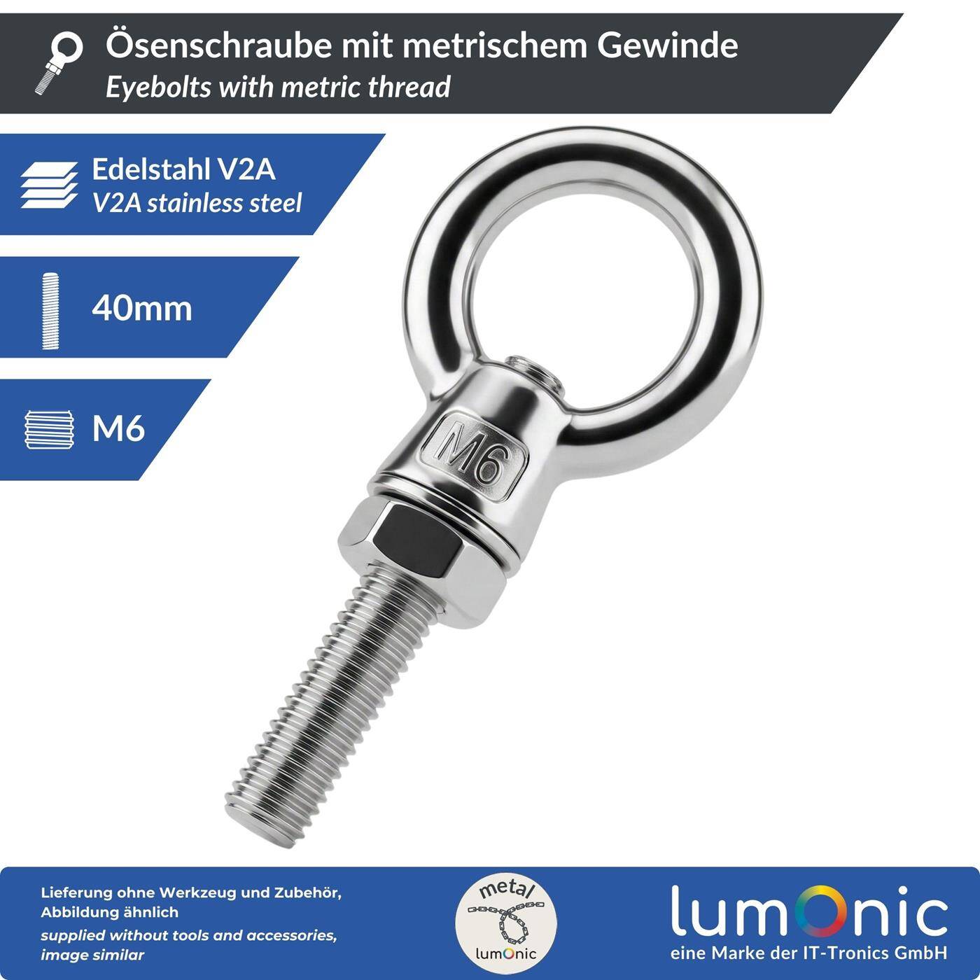 Lumonic Eye bolt V2A stainless steel incl. nut + washer | M6x40mm |  | Push-through mounting | Eyebolt for awning, hammock, swing + chains