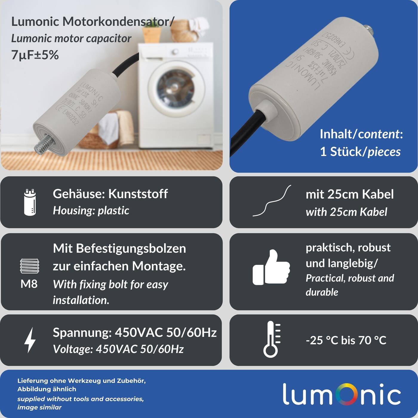 Lumonic Anlaufkondensator 7µF 450V | mit Kabel I 30x60mm I 7uF I Motorkondensator mit Kunststoffgehäuse I Betriebskondensator I für Pumpen, Rasenmäher, Werkzeuge