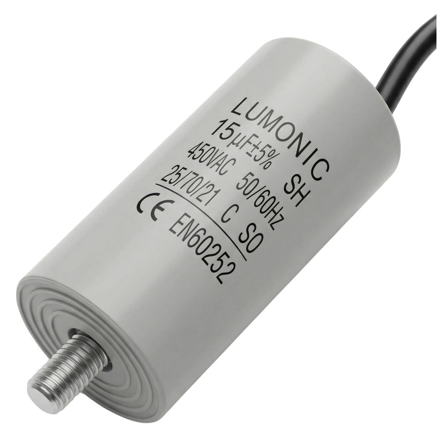 Lumonic Anlaufkondensator 15µF 450V | mit Kabel I 34x70mm I 15uF I Motorkondensator mit Kunststoffgehäuse I Betriebskondensator I für Pumpen, Rasenmäher, Werkzeuge