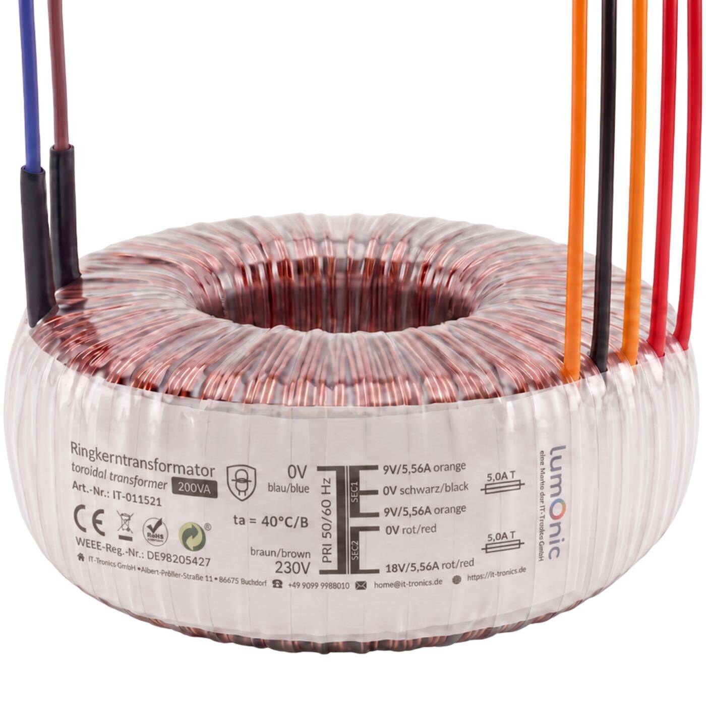 Lumonic Toroidal Transformer, 200 VA, 2x 9 V + 18 V, 230 V - Toroidal transformer, 230 V primary, 2x 9 V + 18 V simultaneously, for amplifier construction, power supplies, lighting