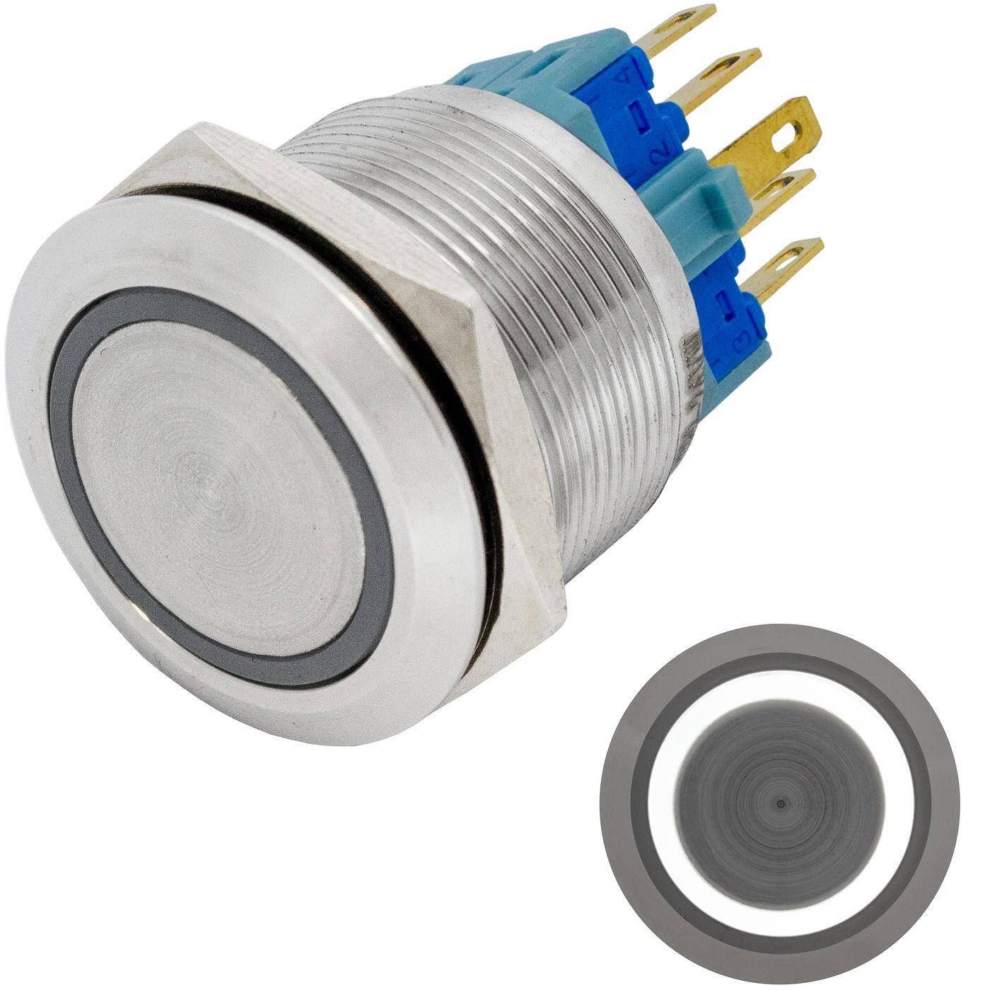 Stainless steel Pressure switch Flat Ø22mm Ring LED Cold White IP65 2,8x0,5mm Pins 250V 3A Vandal-proof