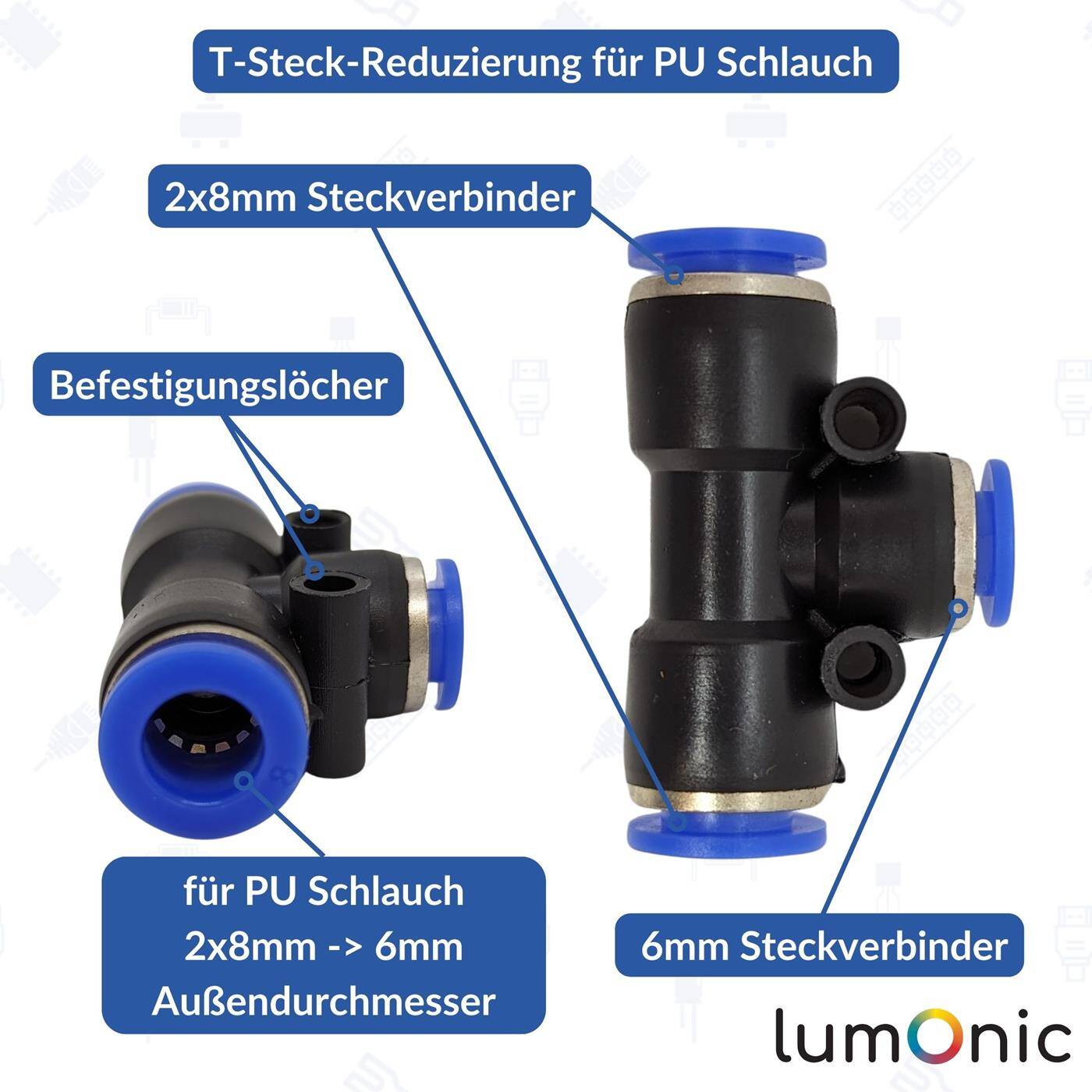 PU hose T-connector reduction 8/6/8mm T-piece Push-in Pneumatic plug connector T-distributor reducing Compressed air