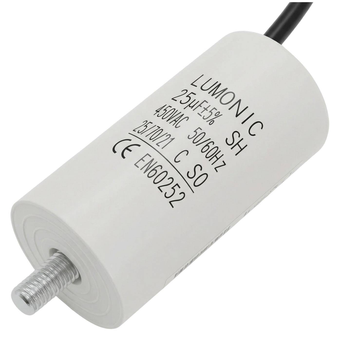 Lumonic Starting capacitor 25µF 450V | with Cable I 38x75mm I 25uF I Motor capacitor with plastic housing I Operating capacitor I for pumps, lawn mowers, tools