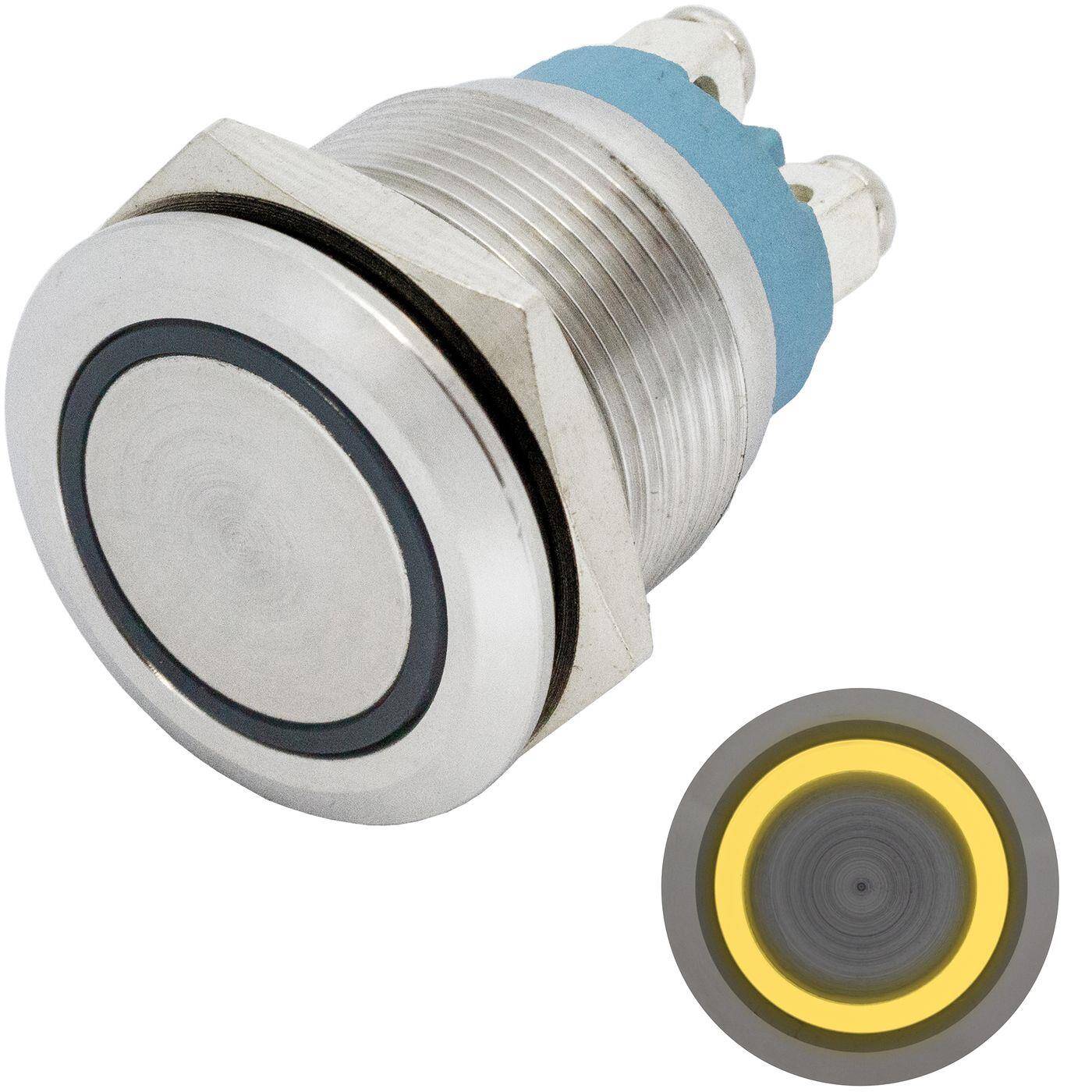 Lumonic Edelstahl Drucktaster flach 19mm Durchmesser I Mit einer Ring LED in Gelb Maße: Schraubanschluss 250V 3A I Vandalismussicher nach dem IP65 Standard