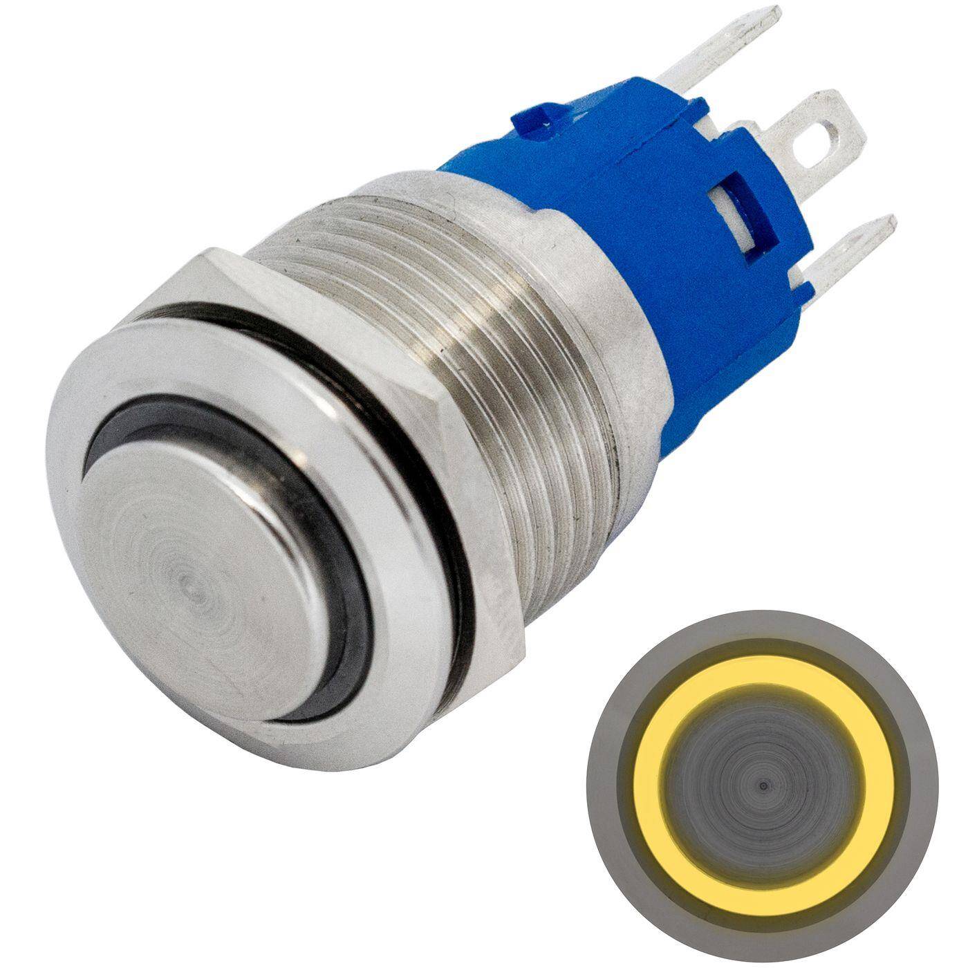Lumonic Edelstahl Druckschalter erhaben 19mm Durchmesser I Mit einer Ring LED in Gelb Maße: 2,8x0,5mm Pin s 250V 3A I Vandalismussicher nach dem IP65 Standard
