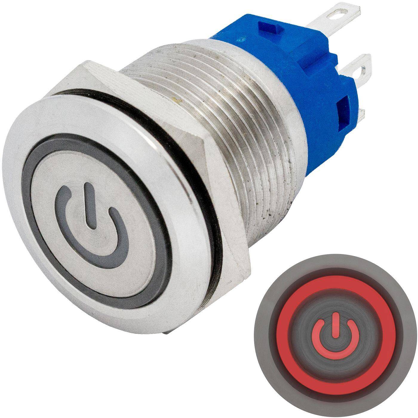 Lumonic Edelstahl Drucktaster flach 19mm Durchmesser I Mit einer Power LED in Rot Maße: 2,8x0,5mm Pin s 250V 3A I Vandalismussicher nach dem IP65 Standard