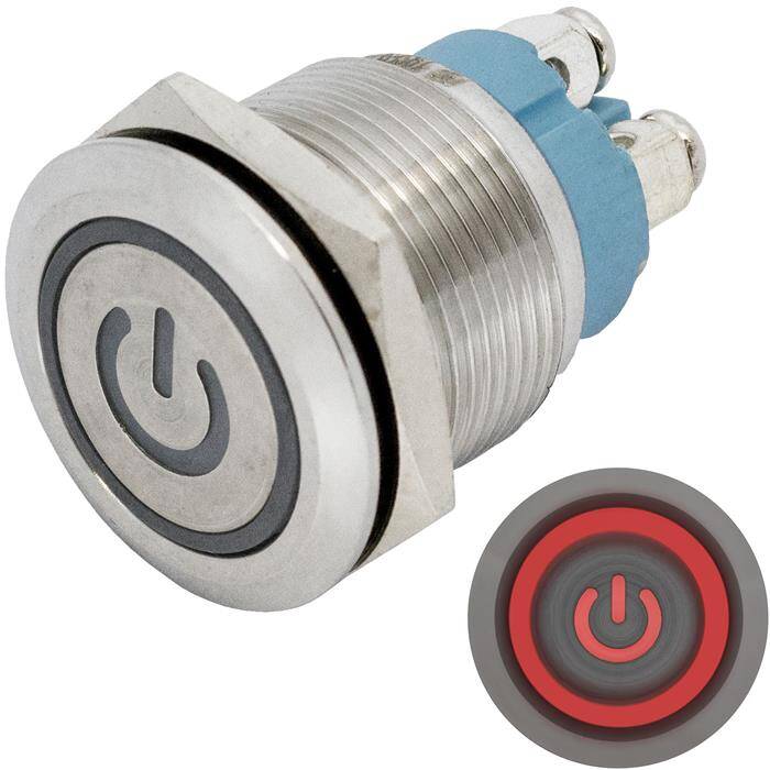 Edelstahl Drucktaster Flach Ø19mm Power LED Rot IP65 Schraubanschluss 250V 3A Vandalismussicher