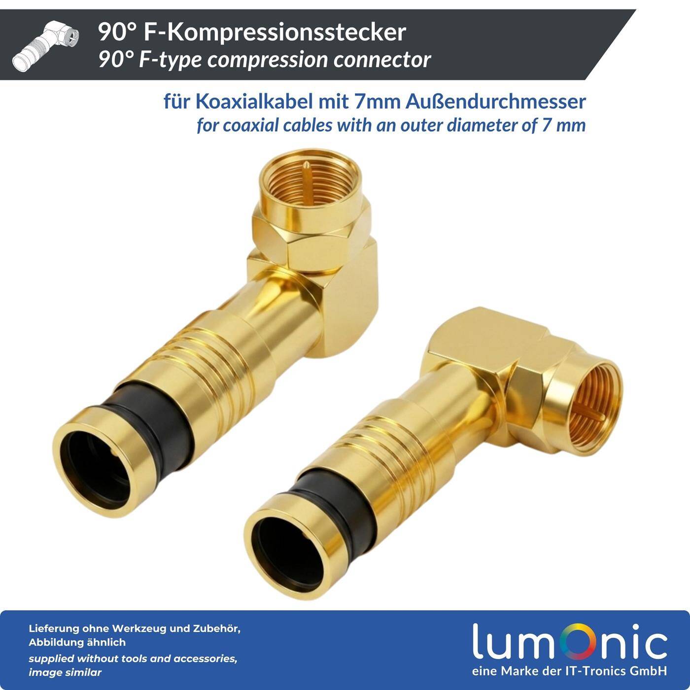 Lumonic 20 Stück 90° F-Kompressionsstecker 7mm | vergoldet, gewinkelt | F-Stecker für Kompressionstechnik | Pressstecker für Koaxialkabel, SAT Kabel, Antennenkabel, Kabelinternet