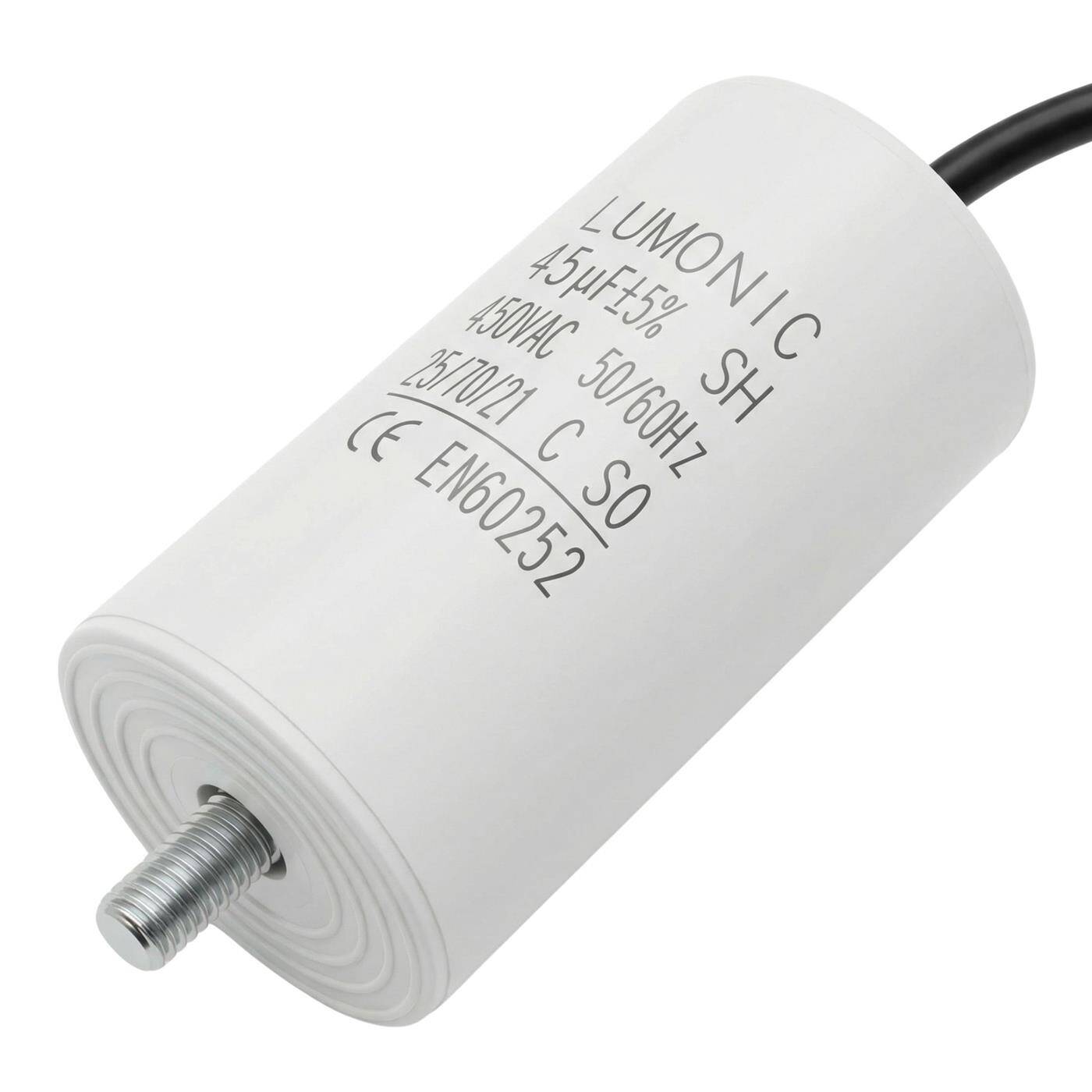 Lumonic Anlaufkondensator 45µF 450V | mit Kabel I 45x84mm I 45uF I Motorkondensator mit Kunststoffgehäuse I Betriebskondensator I für Pumpen, Rasenmäher, Werkzeuge