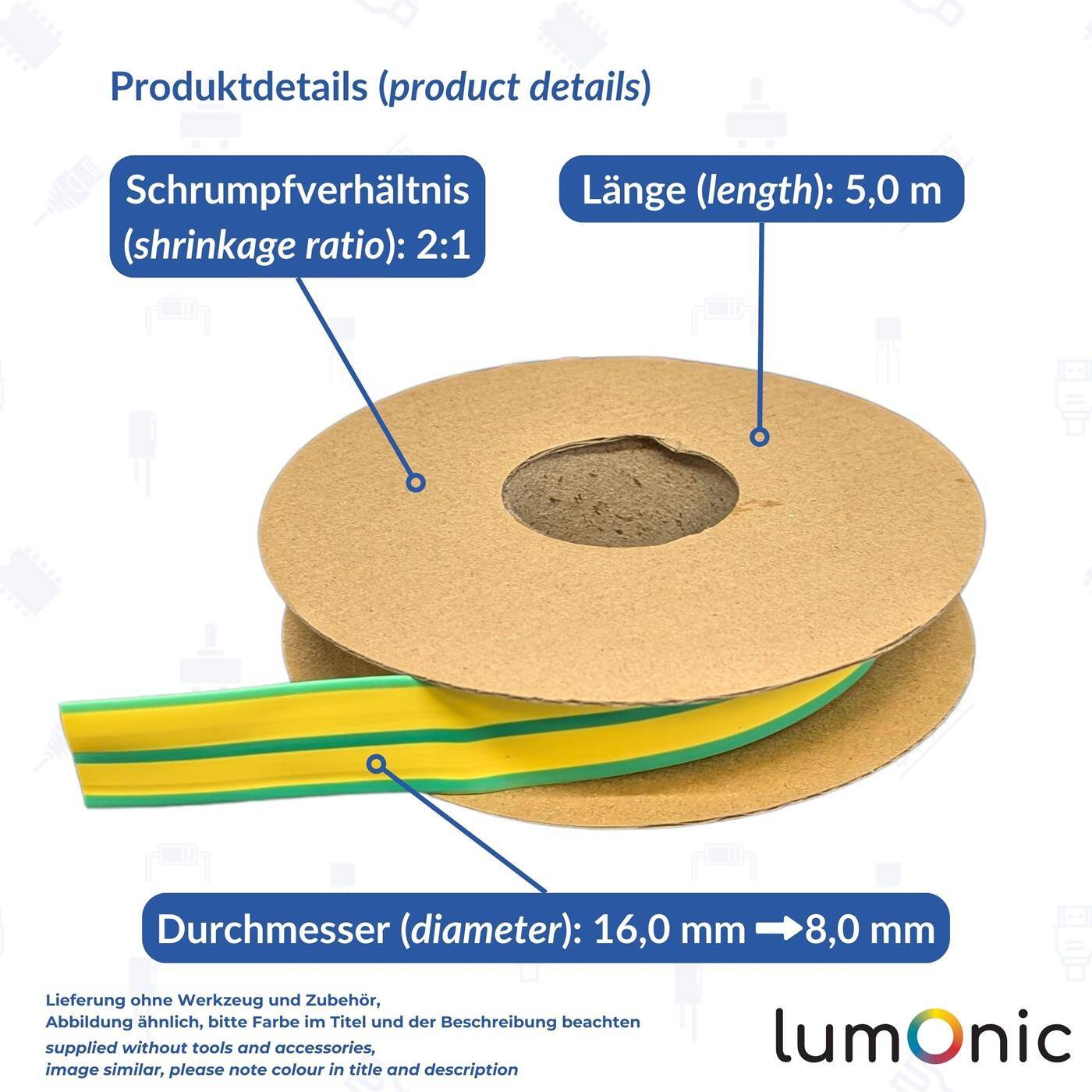 5m Heat shrink tubing Box 2:1 16 -> 8mm Blue