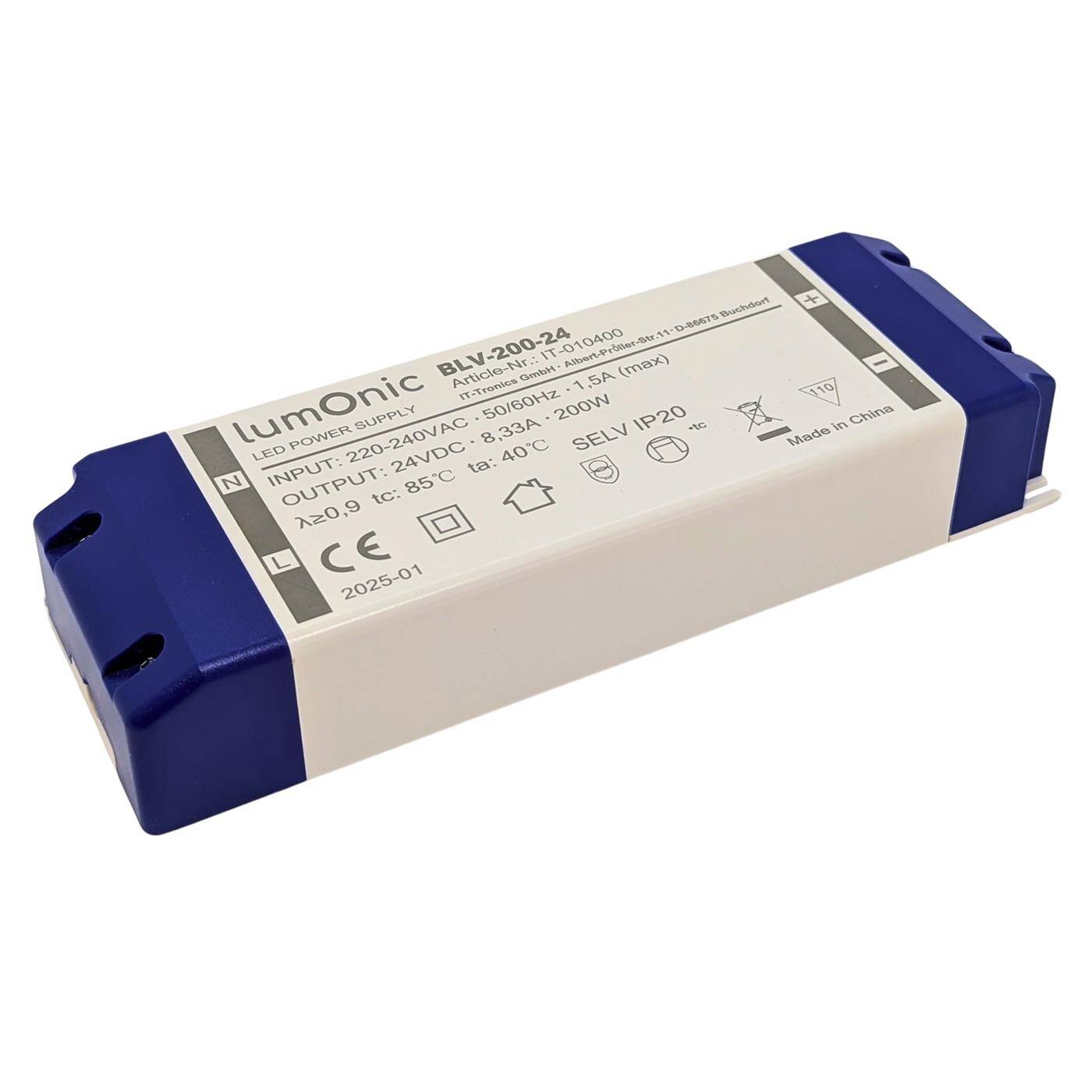 Lumonic I LED transformer BLV-200-24 I 24V 200W I Input 220-230VAC I flicker-free I Overload protection I LED power supply unit I for LED lighting