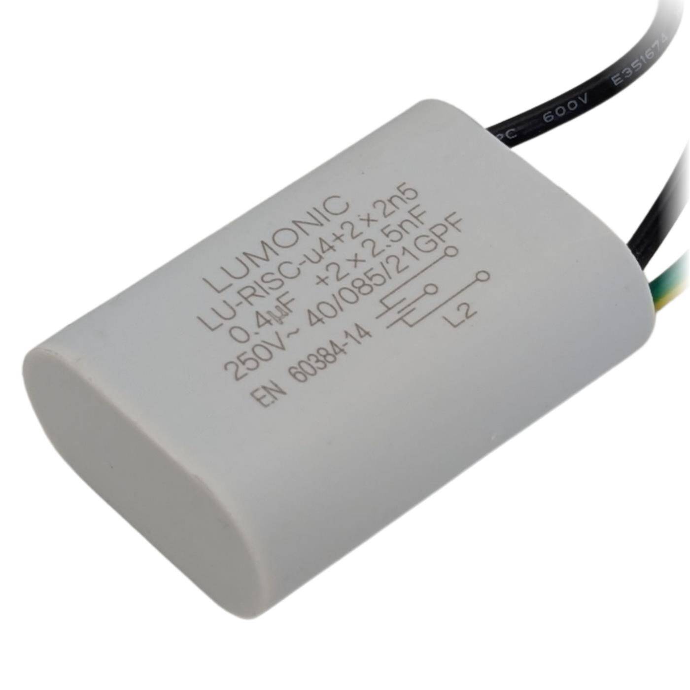 Entstörkondensator 0,4µF 2x2,5nF 250VAC 42x30x14mm -40...+85°C 3 Anschlusskabel Radial 0,4uF EMV-Kondensator für Haushaltsgeräte, Elektrowerkzeuge, Gebäudetechnik, Industrieanwendungen, LED