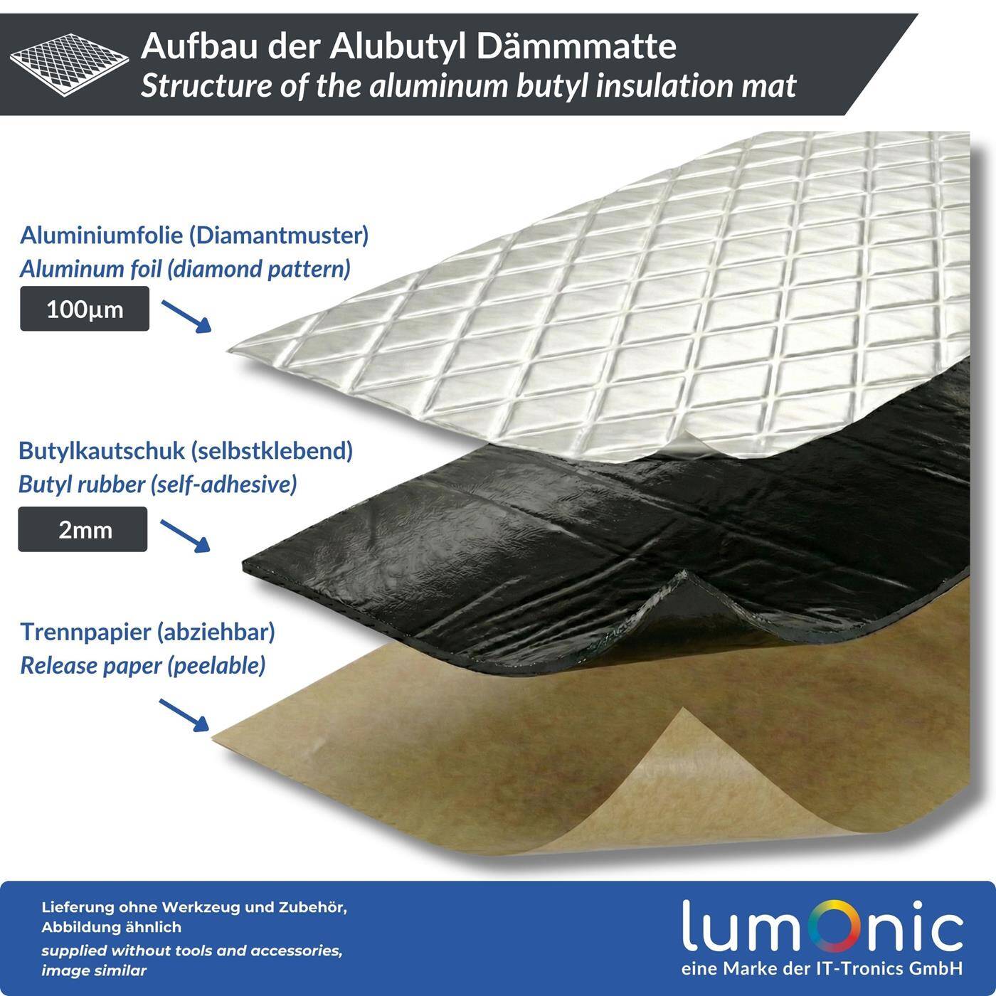 Lumonic Alubutyl 2mm Insulating mat 2m² | Sound insulation, soundproofing for motor vehicles | 50x400cm Self-adhesive | Anti drone mat | 100% Butyl no bitumen | Odorless