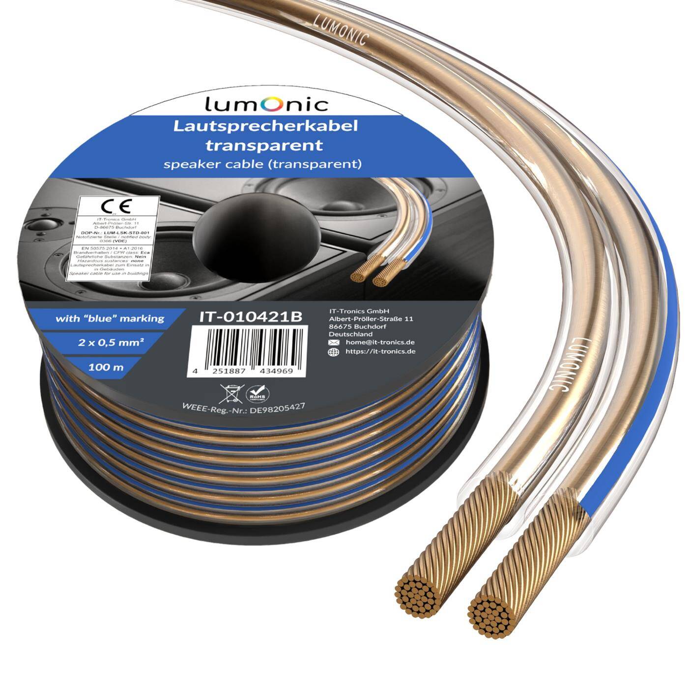 Lumonic Speaker cables | 100m Transparent | 2x 0,5mm² CCA | Blue marking HiFi speaker cable | Audio twin line
