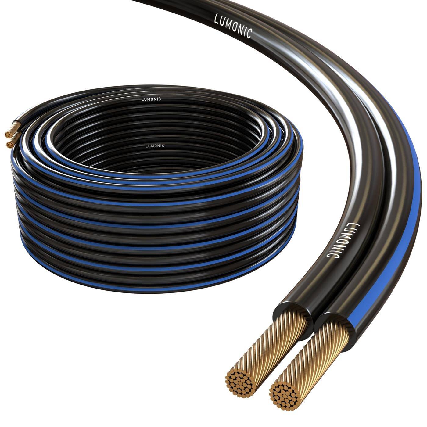 Lumonic Speaker cables | 25m Black | 2x 2,5mm² CCA | Blue marking HiFi speaker cable | Audio twin line