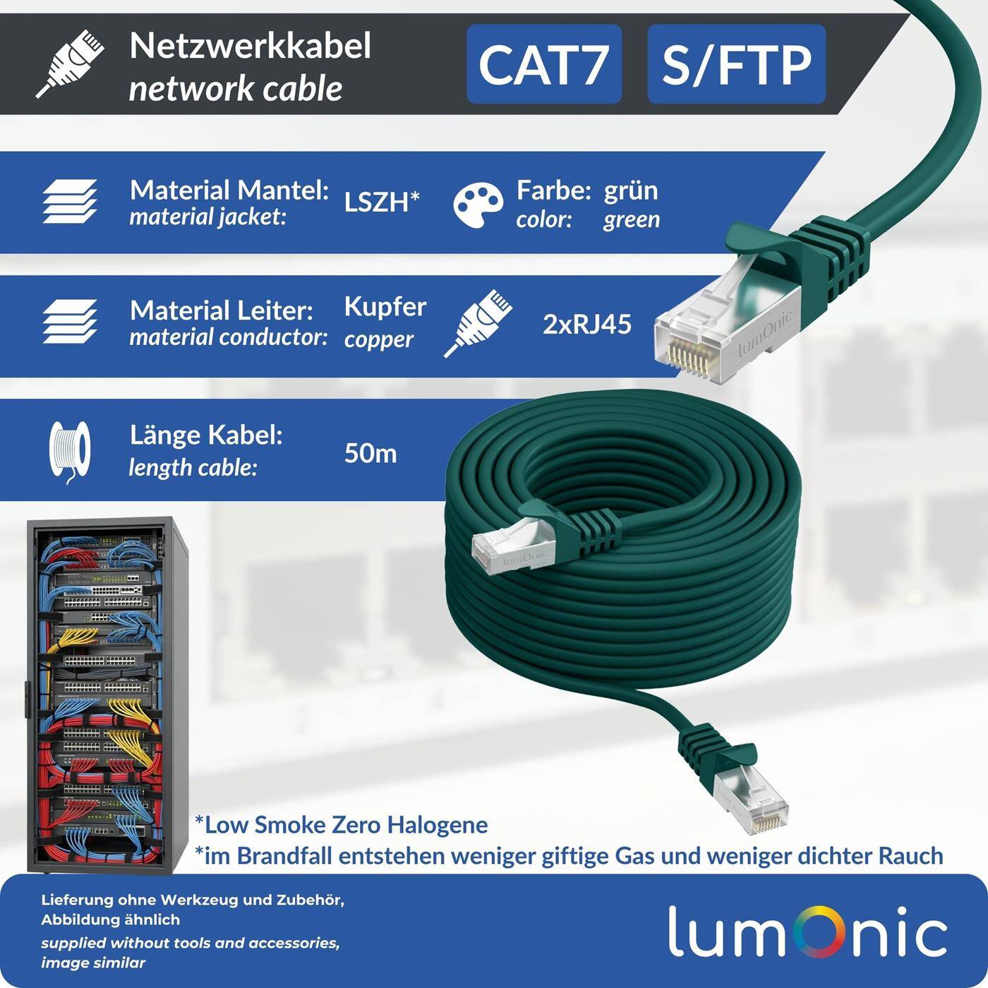 Lumonic CAT7 Patchkabel S/FTP 50m | RJ45 | Grün | Ethernet LAN | Netzwerkkabel