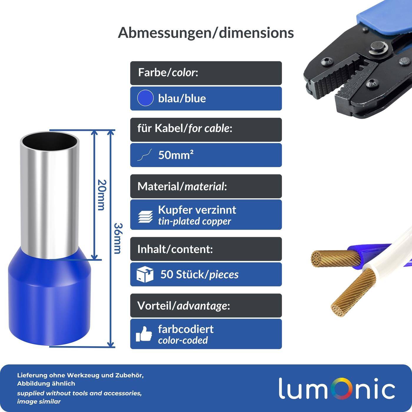 50x Aderendhülse isoliert 50mm² Blau Kupfer verzinnt 10,3x20mm Hülse