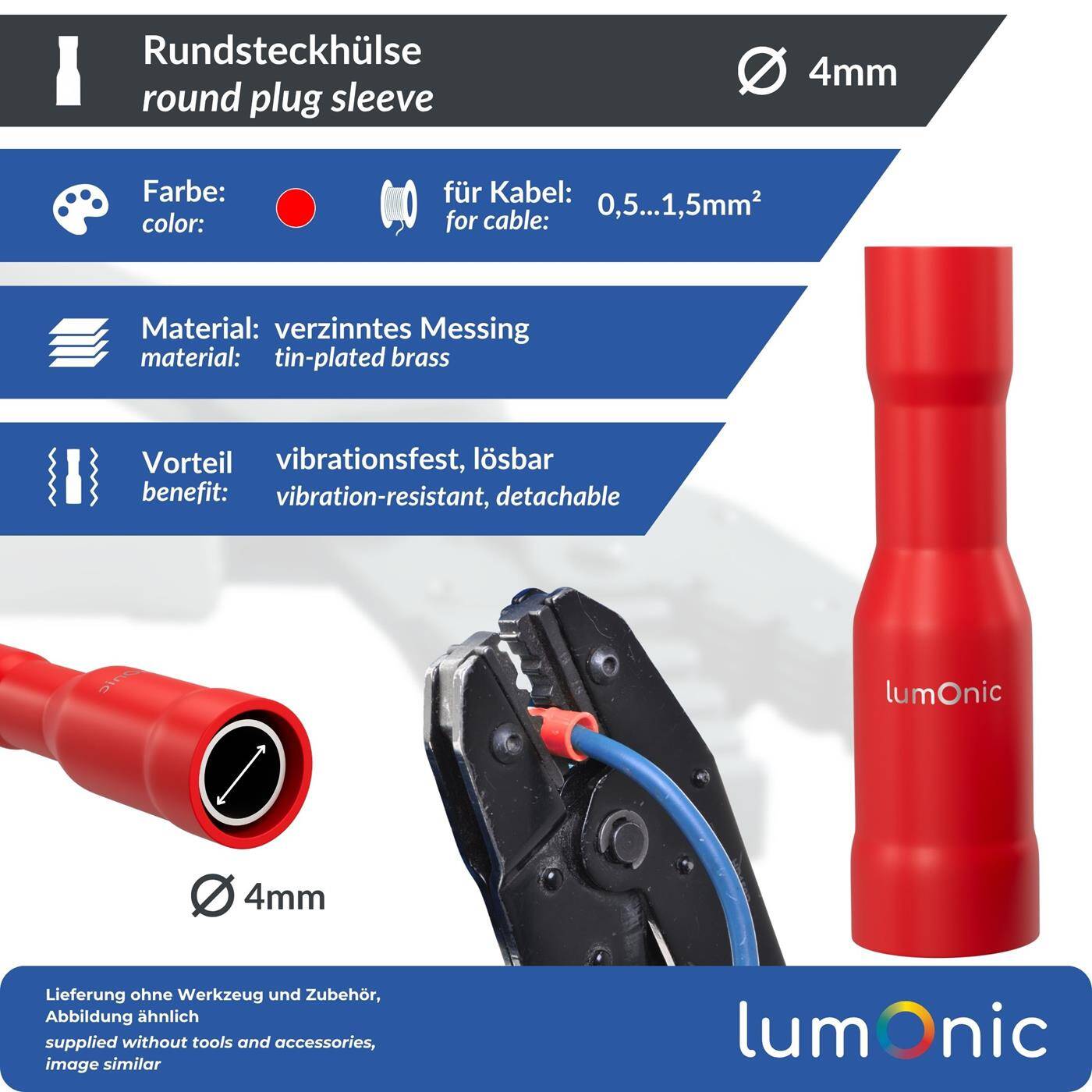 Lumonic 25x Rundsteckhülse 0,5-1,5mm² | , 4mm | Rundsteckhülsen für Rundstecker 4mm | Kabelverbinder, Kabelschuhe isoliert | KFZ, Motorrad, Elektrik