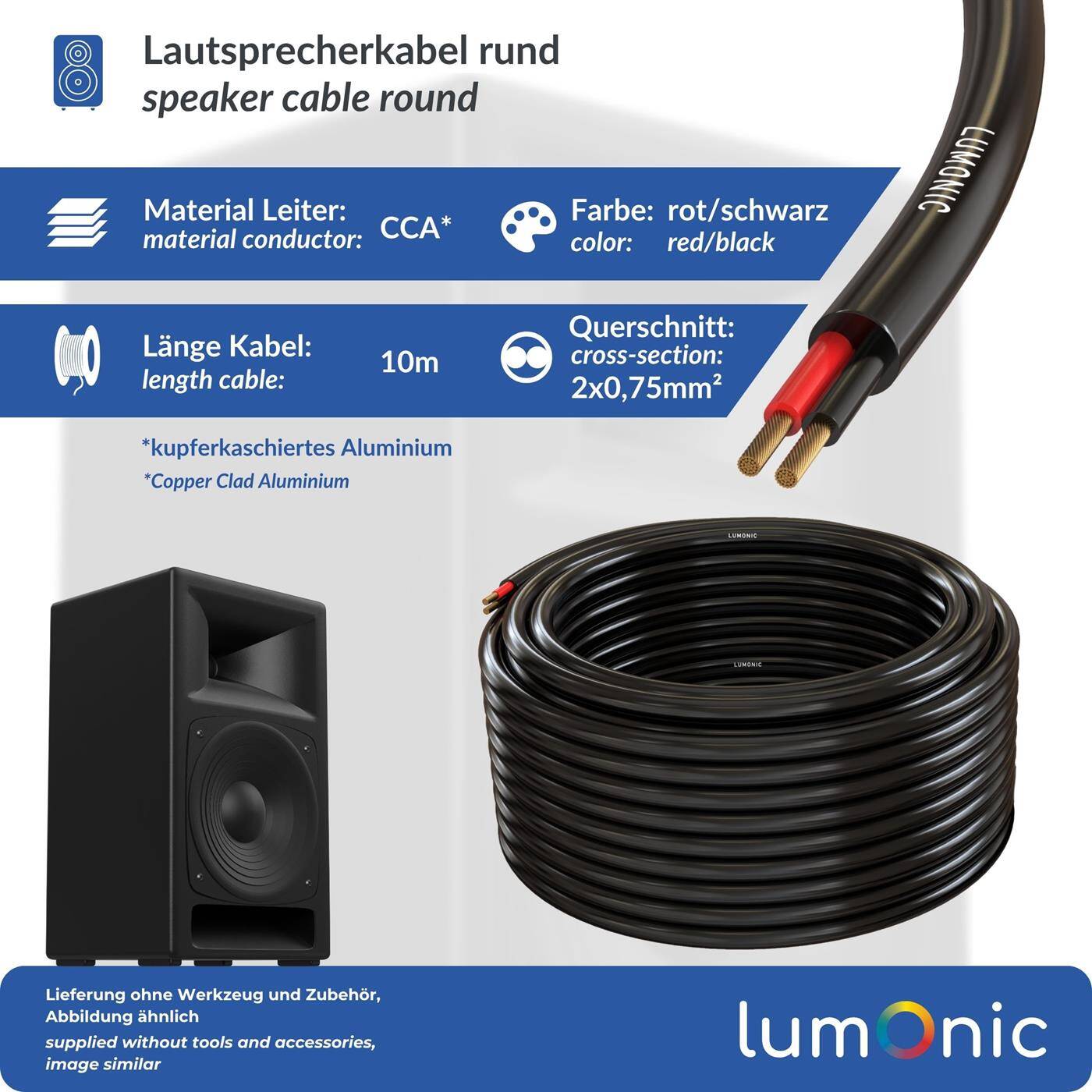 Lumonic Lautsprecherkabel 10m Schwarz  | 2x 0,75mm² CCA | HiFi Boxenkabel | Audio Rundkabel | Profi PA Installations- Audio- Rundkabel