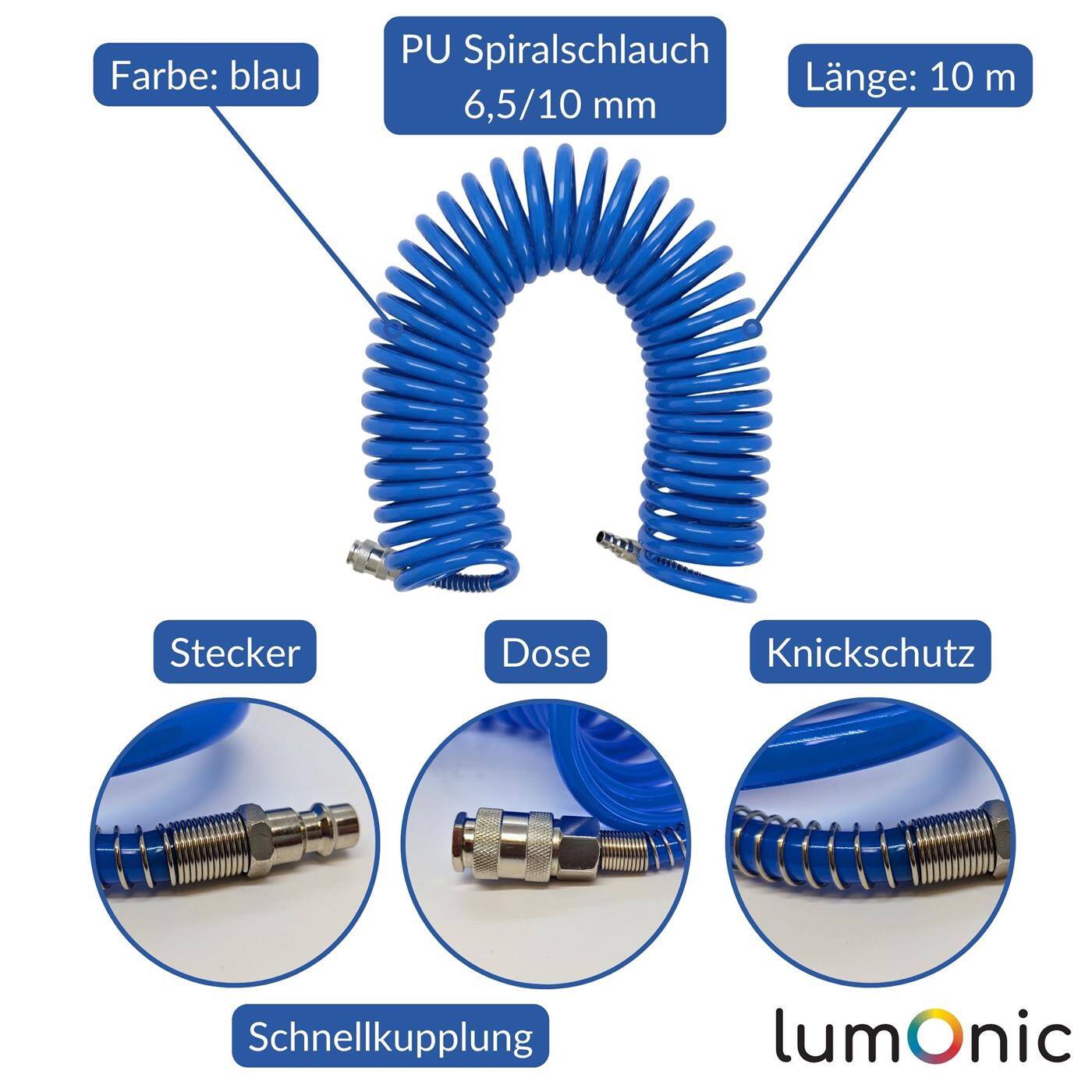 Lumonic I PU Spiralschlauch mit Schnellkupplung I 6,5mm/10mm I 10m I für Kompressoren und Druckluftwerkzeuge I flexibel, abriebfest I Druckluftverlängerung I Dose & Stecker