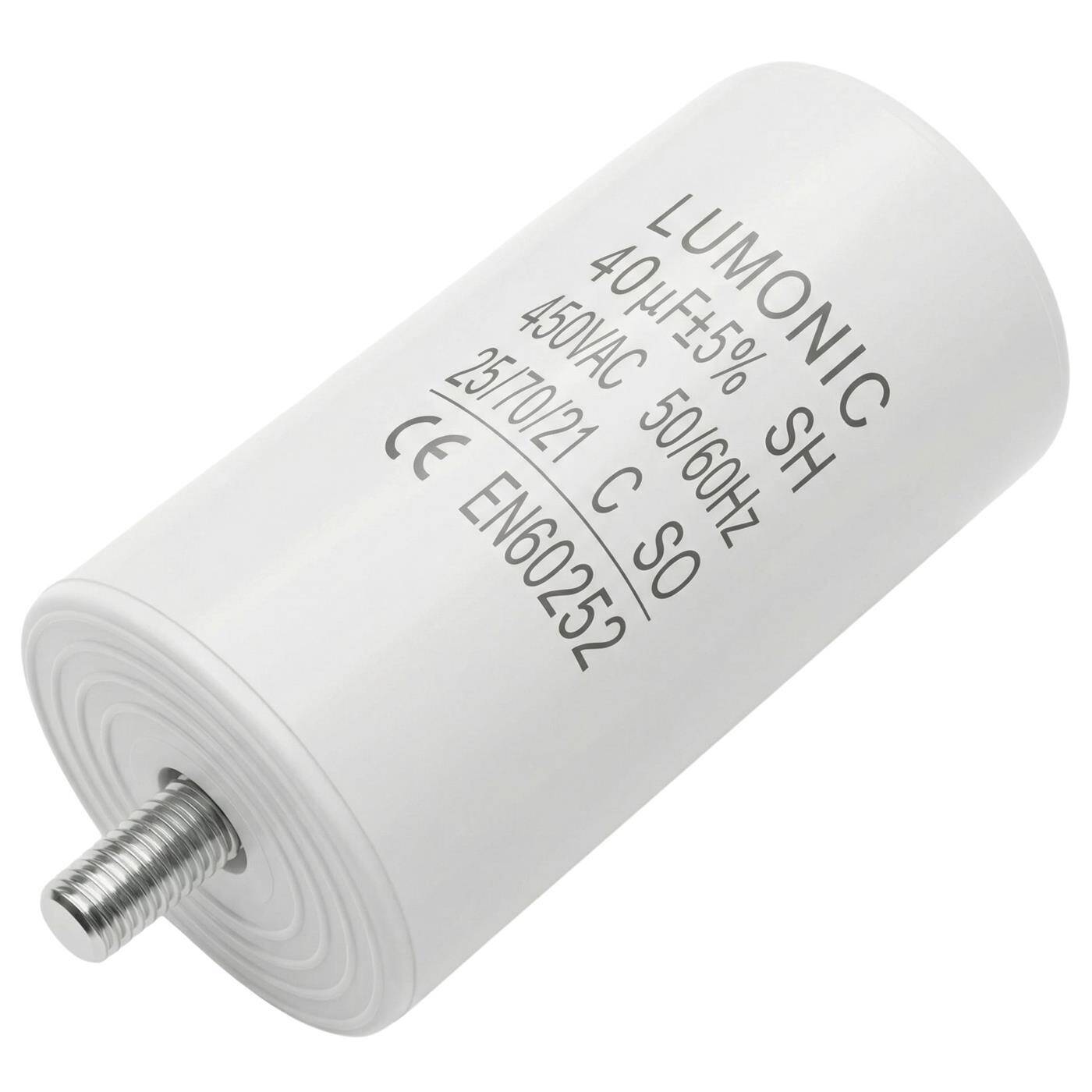 Lumonic Anlaufkondensator 40µF 450V | mit Stecker I 45x84mm I 40uF I Motorkondensator mit Kunststoffgehäuse I Betriebskondensator I für Pumpen, Rasenmäher, Werkzeuge