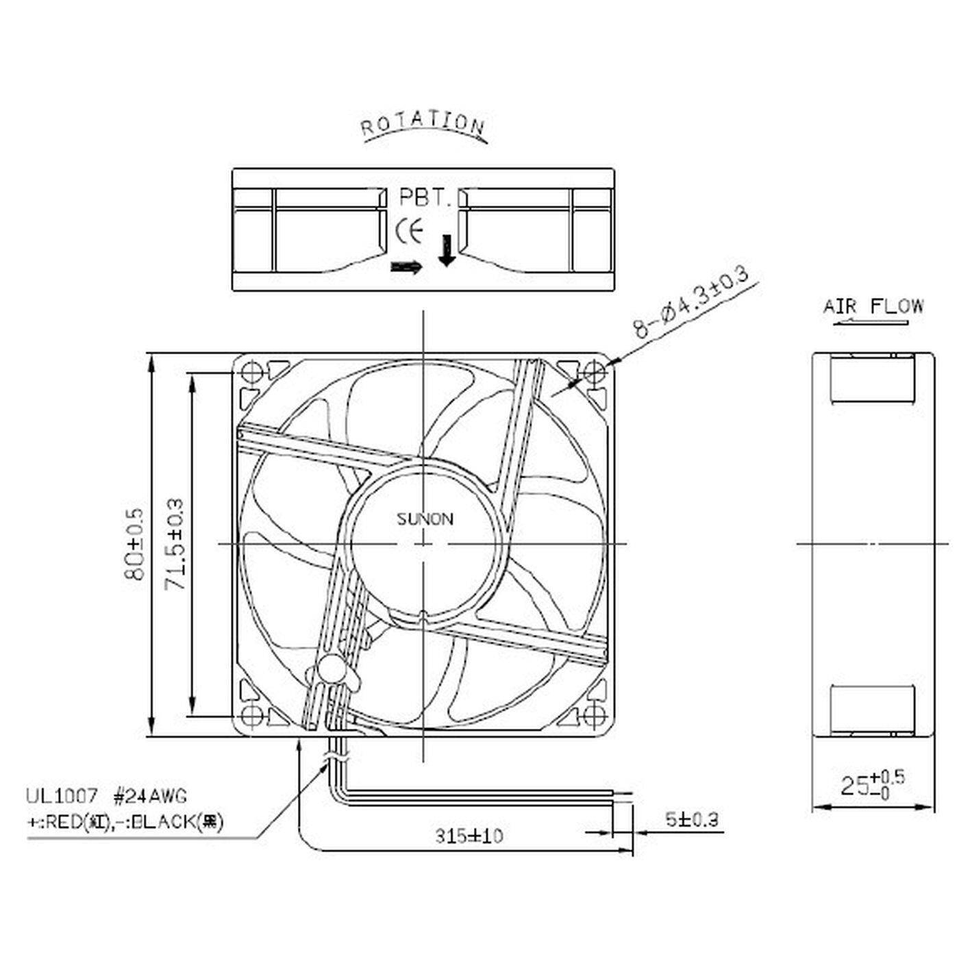 Lüfter 12V DC 1,06W 80x80x25mm 56,1m³/h 2600U/Min 56,1m³/h Sunon EE80251S31000U999