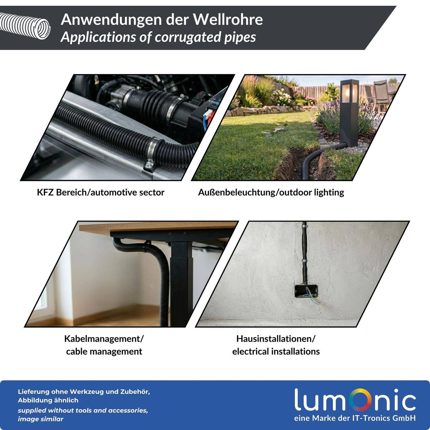 Lumonic 10m Wellrohr geschlitzt | Innendurchmesser 26mm | -40…+125°C | flammhemmendes Polypropylen | Solar, Hausverkabelung, KFZ, Schaltschrank