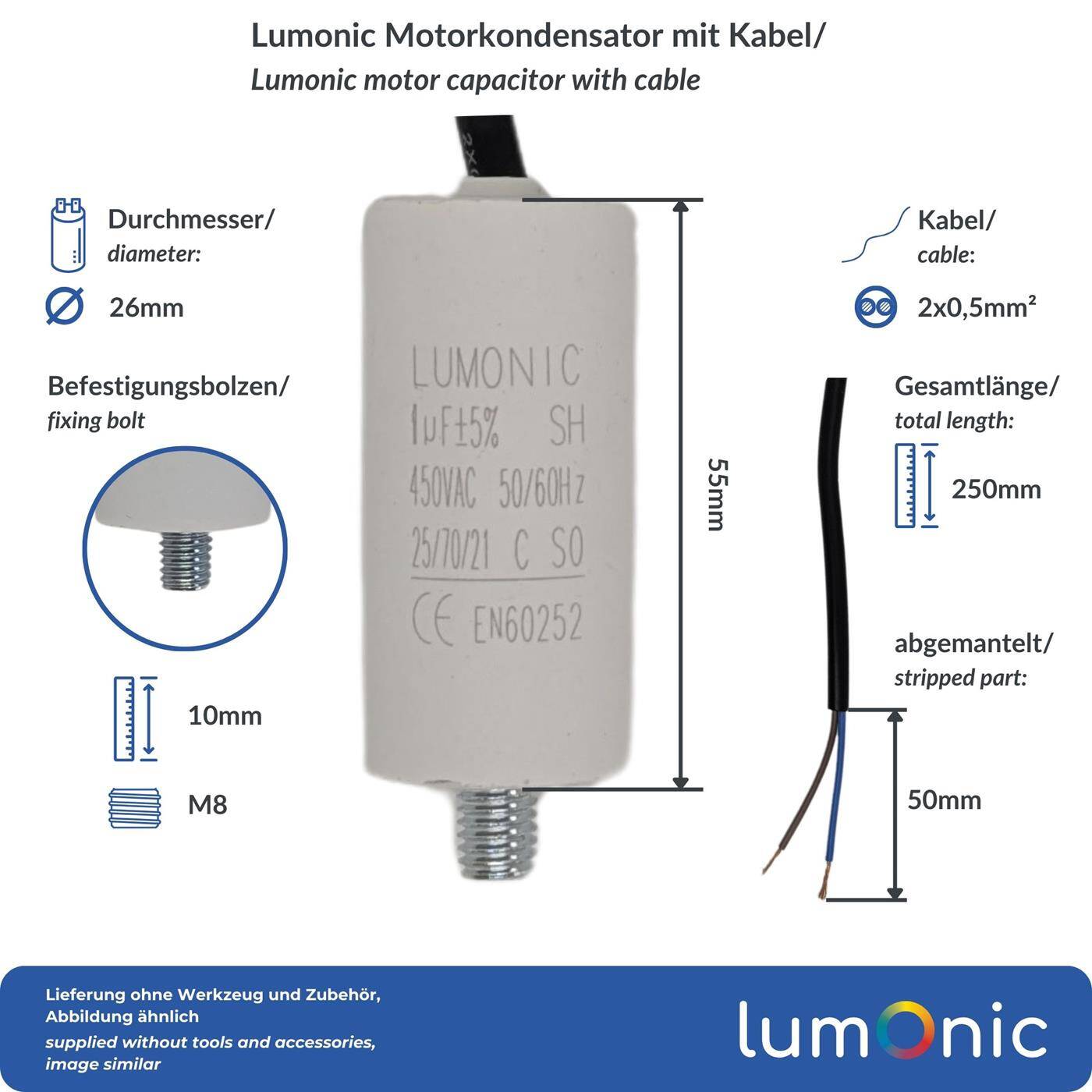 Lumonic Anlaufkondensator 1µF 450V | mit Kabel I 26x55mm I 1uF I Motorkondensator mit Kunststoffgehäuse I Betriebskondensator I für Pumpen, Rasenmäher, Werkzeuge