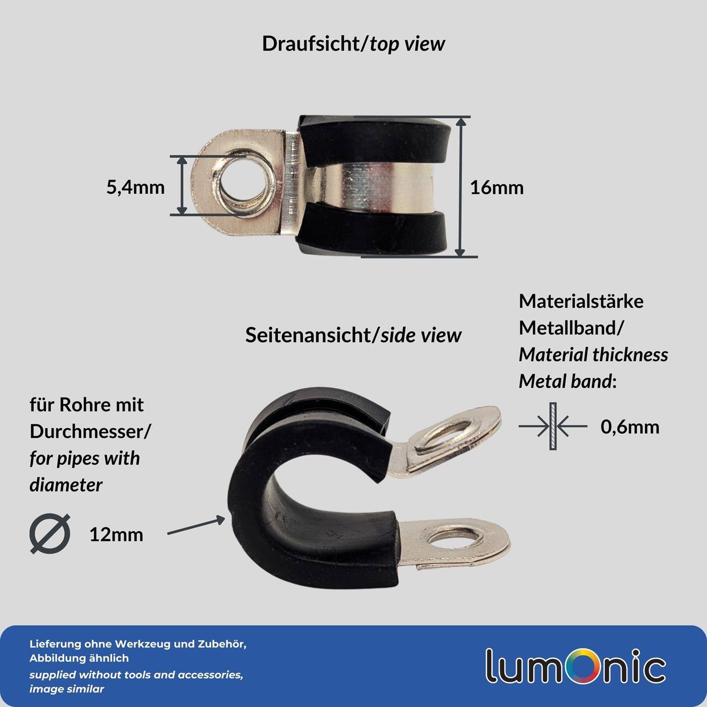 10x P-Clip Cable clamp Stainless steel V2A with Rubber 12mm Pipe clamp Mounting clip