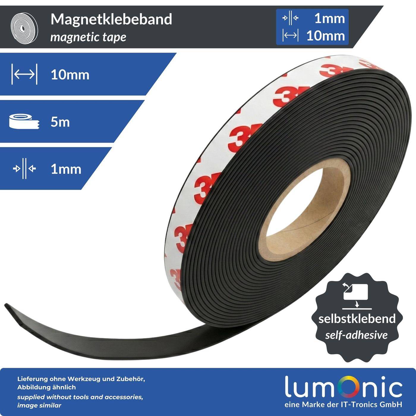 Lumonic 5m Magnetic tape | 10x1mm | Flexible, self-adhesive, can be cut to size, without drilling | Fly screen, school and blackboard