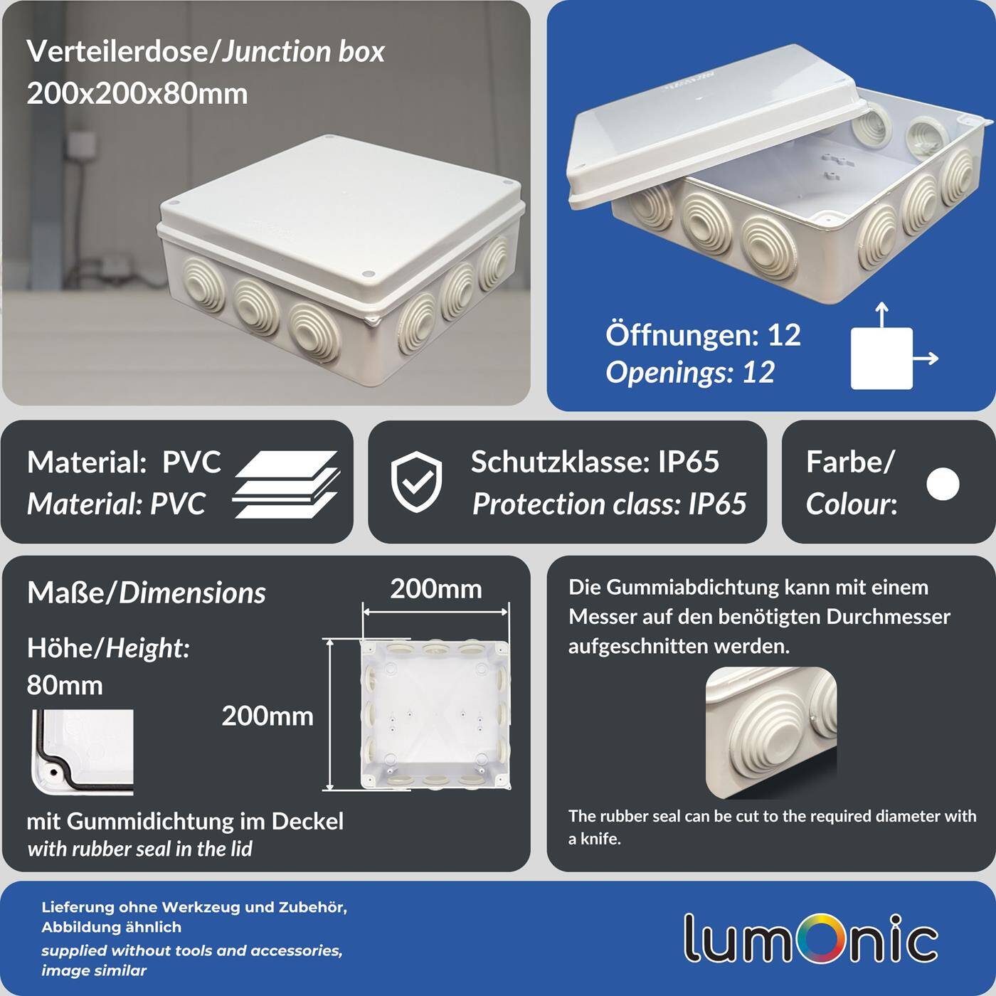 Verteilerdose Aufputz IP65 200x200x80mm 12 Öffnungen Abzweigdose Wasserdicht Weiß Anschlussdose Klemmdose