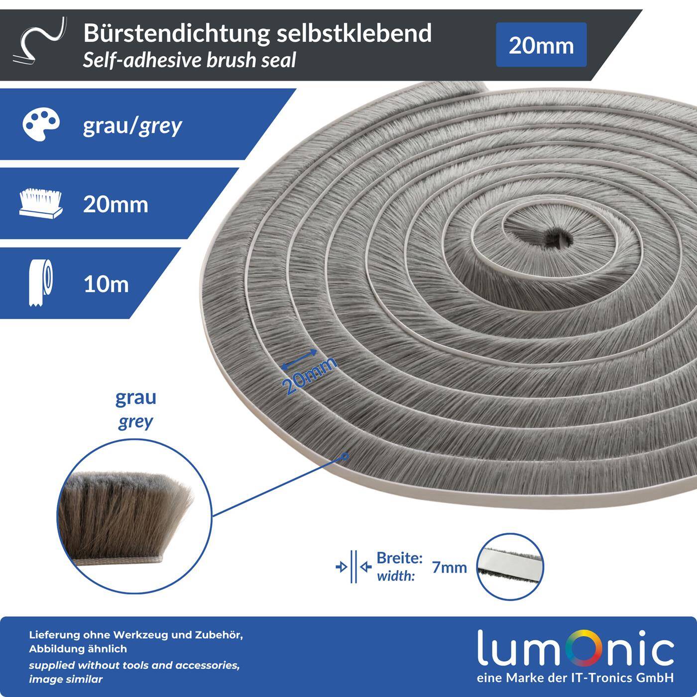 Lumonic 10m Brush seal gray 20mm | Self-adhesive + Can be cut to size | Draught excluder, cold protection, insect screen for windows, doors, cupboards
