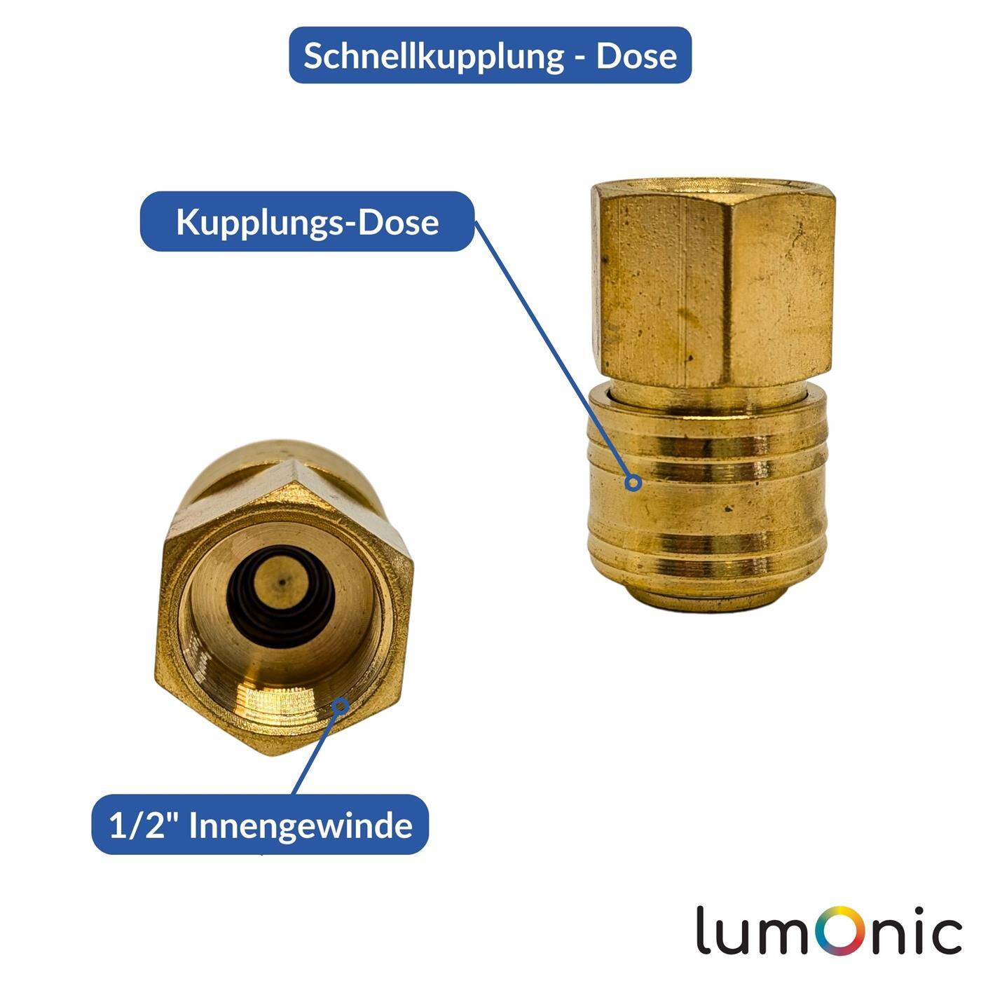 Lumonic I Kupplungsdose mit Innengewinde I 1/2" I aus Messing I Druckluftkupplung-Buchse I Schnellkupplung I für Werkstätten, Betriebe und Heimwerker