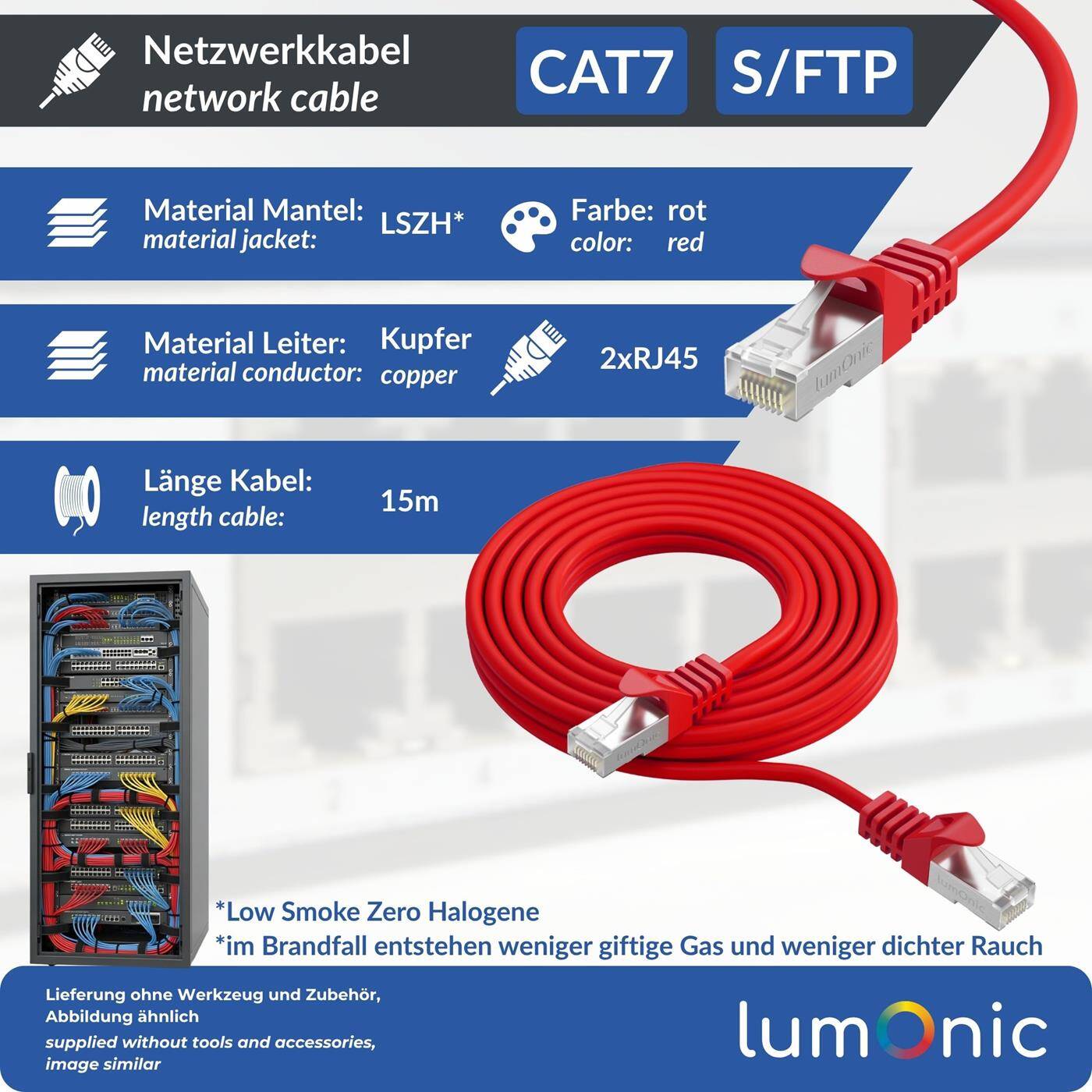 Lumonic CAT7 Patchkabel S/FTP 15m | RJ45 | Rot | Ethernet LAN | Netzwerkkabel