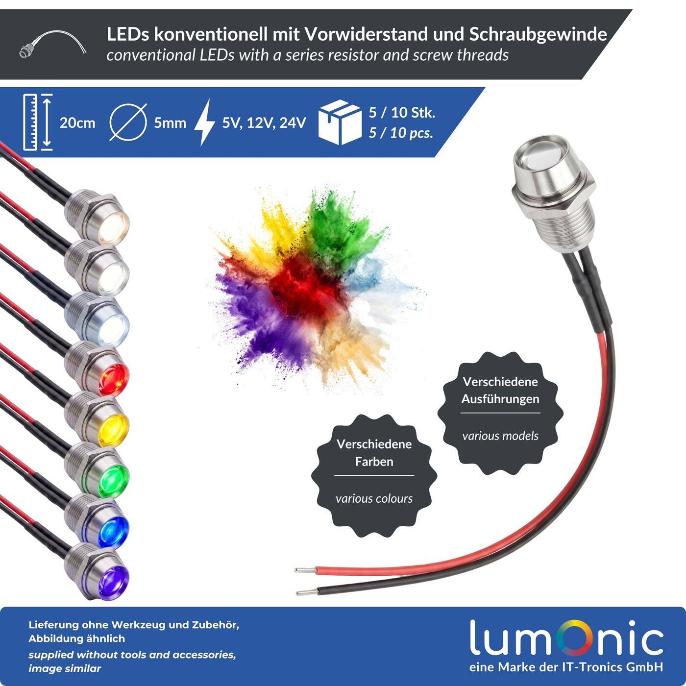 Lumonic 10x Superhelle Schraub LEDs mit Vorwiderstand für 24V Anwendungen - High Power LEDs mit Anschlusskabel zum selber Löten DIY in Farbe Grün - Durchmesser: 5mm