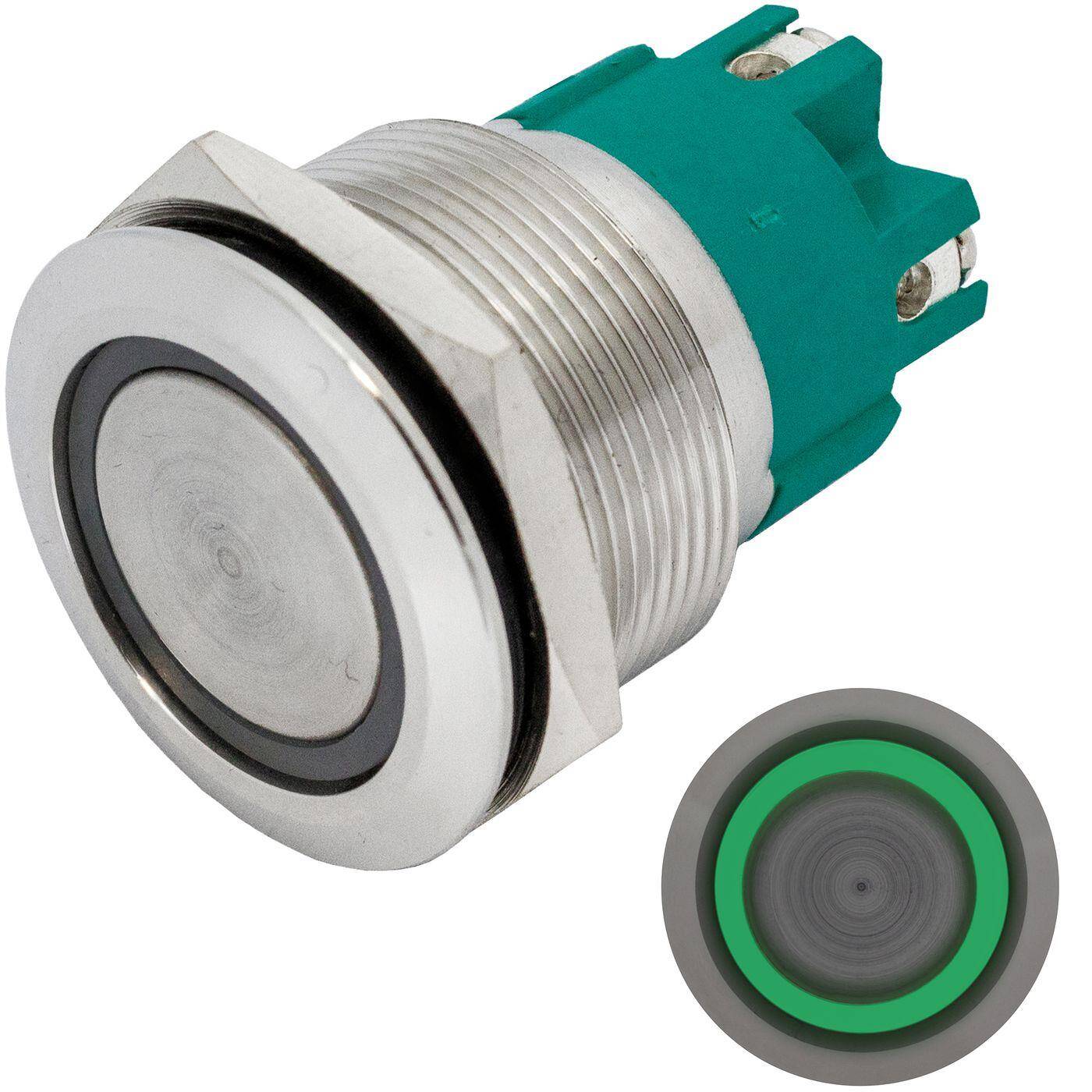 Lumonic Edelstahl Druckschalter flach 25mm Durchmesser I Mit einer Ring LED in Grün Maße: Schraubanschluss 250V 3A I Vandalismussicher nach dem IP65 Standard