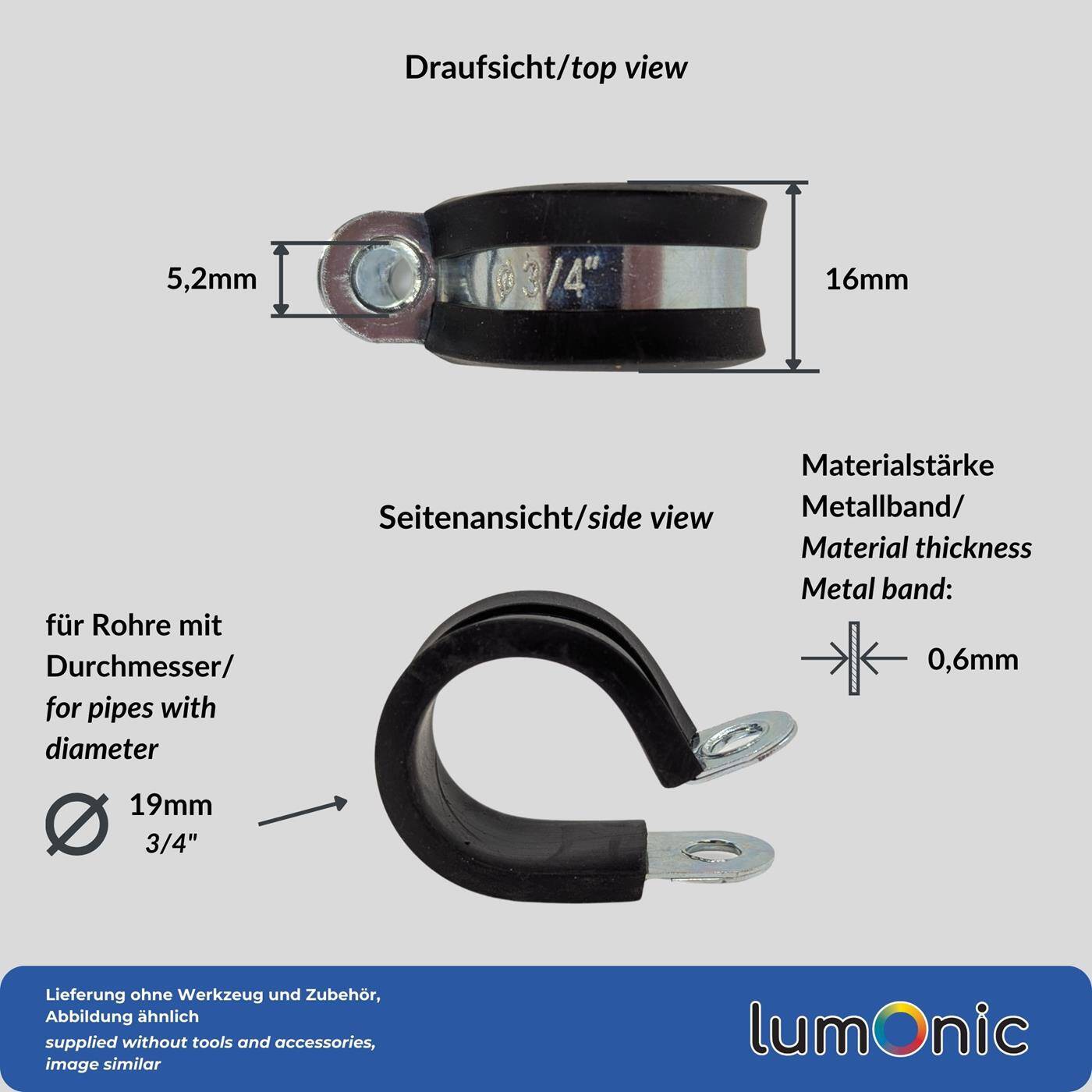 10x P-Clip Leitungsschelle mit Gummi 19mm Rohrschelle Befestigungsschelle