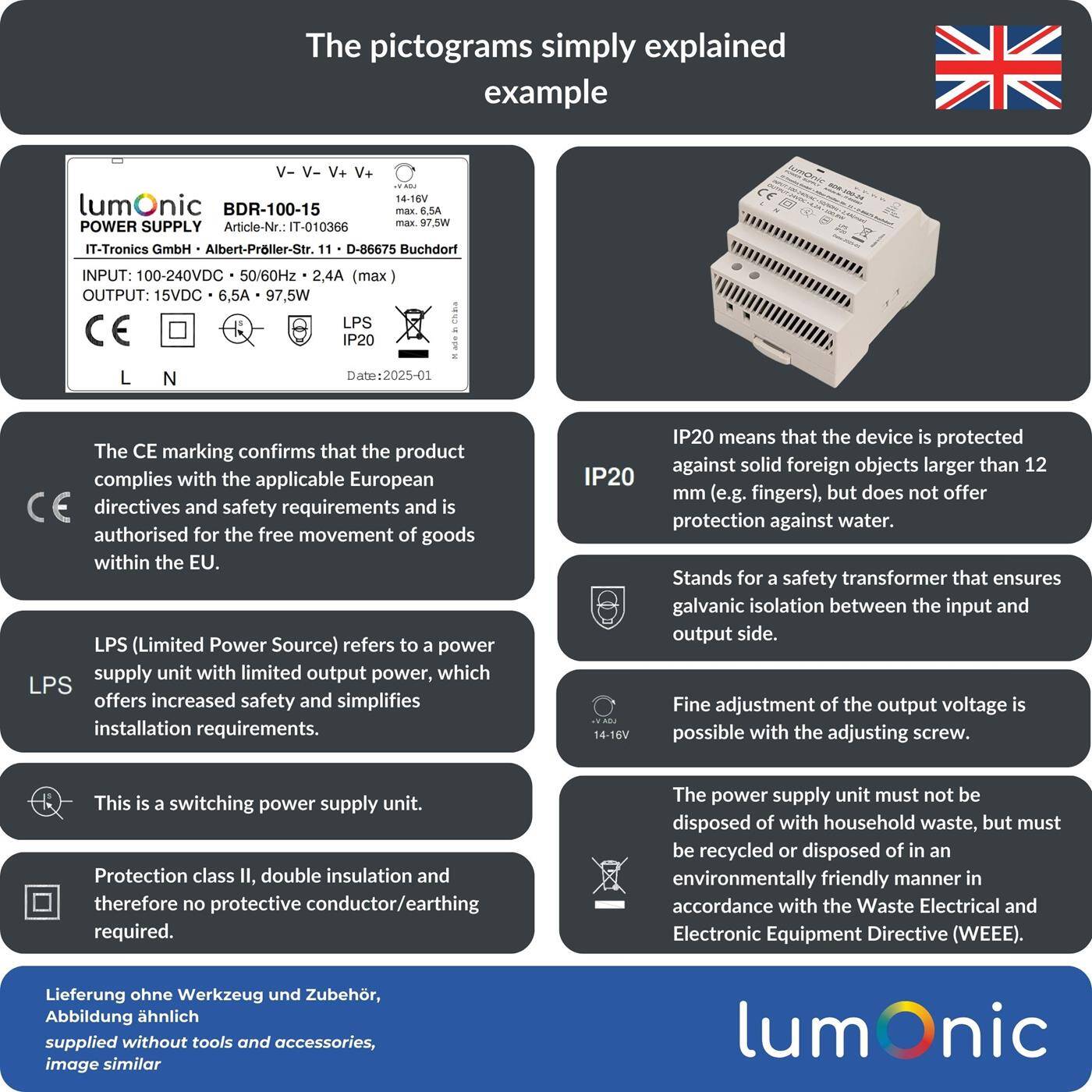 Lumonic I Top-hat rail power supply unit BDR-15-15 I 15V / 15W I Input 100-240VAC I Overload protection I DIN-Rail switching power supply I Switch cabinet