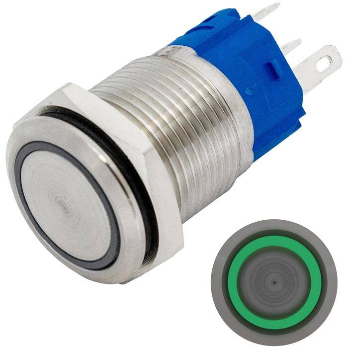 Edelstahl Druckschalter Flach Ø16mm Ring LED Grün IP65 2,8x0,5mm Pins 250V 3A Vandalismussicher